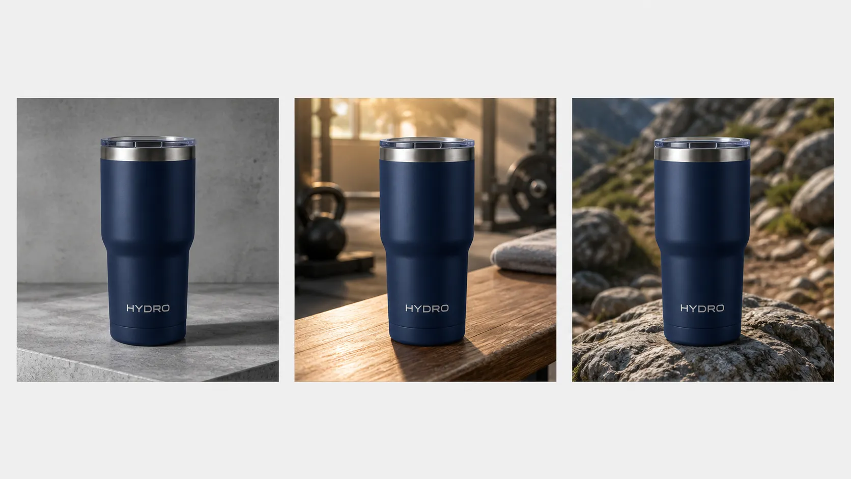 Showcase of multi-scene social ad variations featuring an insulated matte navy tumbler across studio, gym, and outdoor settings.