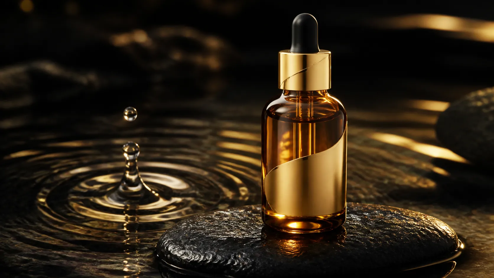 Macro detail shot of cosmetic dropper bottle with water ripples and dynamic light refraction generated by SeeDance 2.5
