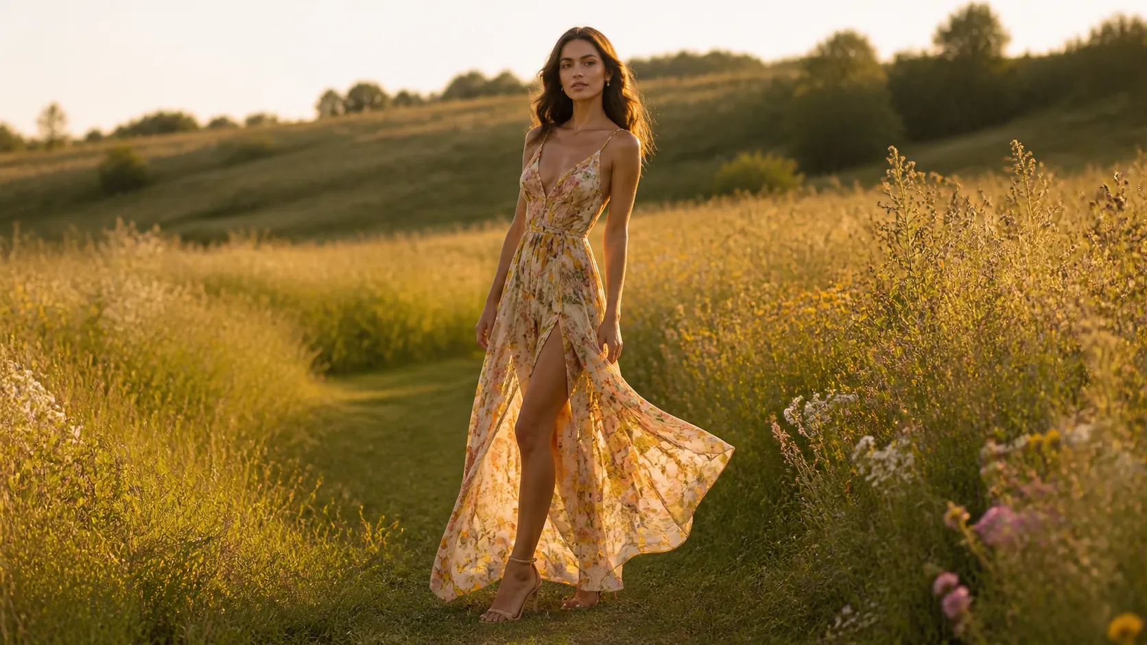 Model wearing a silk dress in golden hour light demonstrating dynamic fabric movement and wind physics in SeeDance 2.5