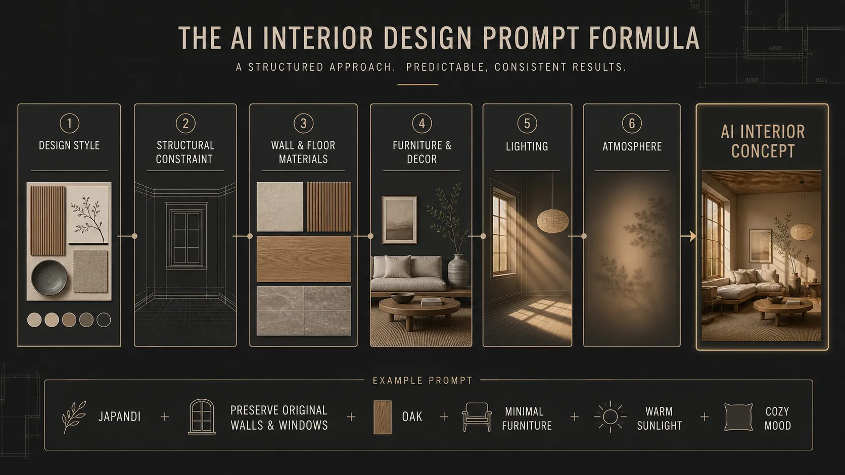 AI interior design prompt formula showing style, structure, materials, furniture, lighting, and atmosphere