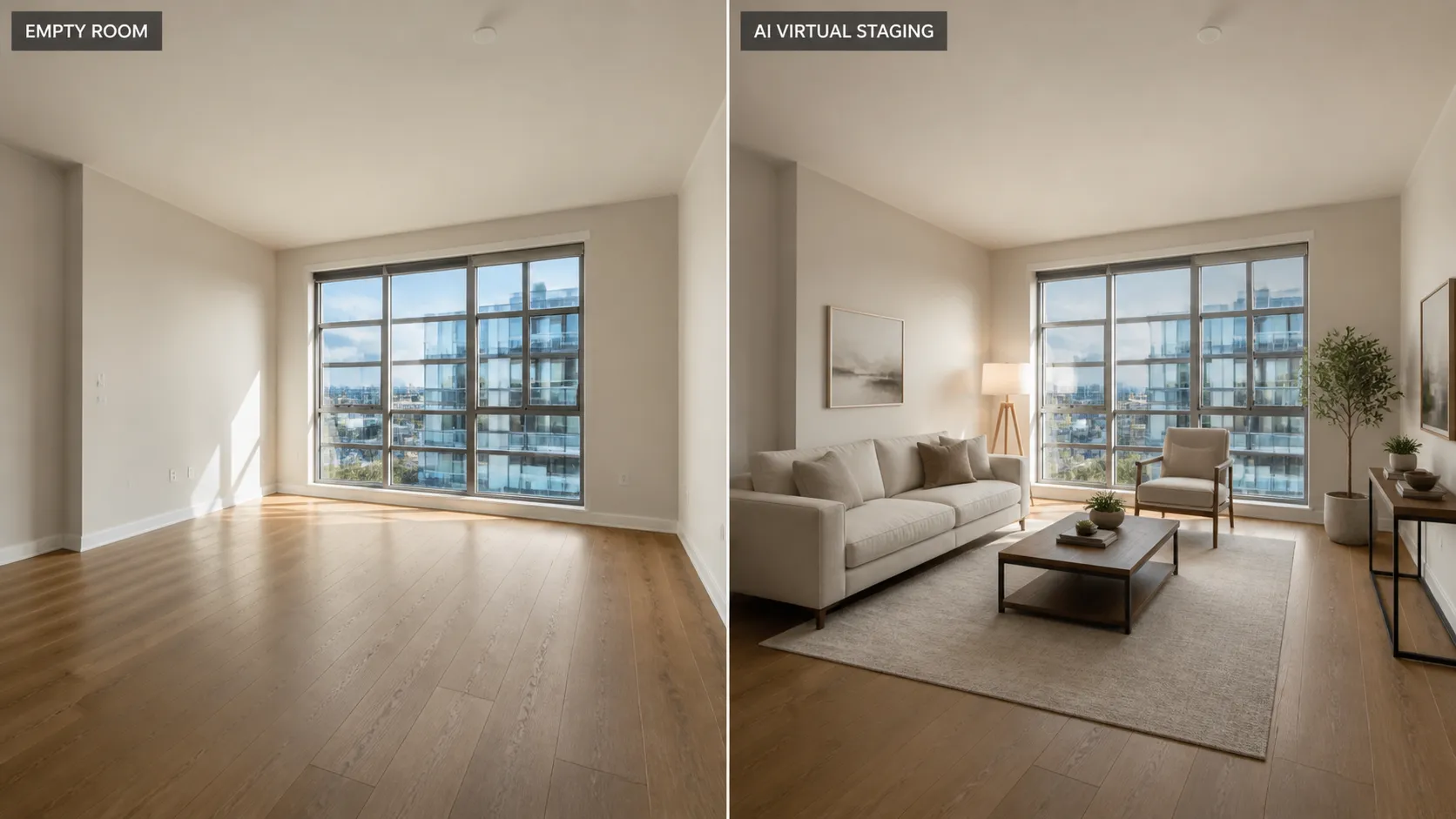 Before and after AI virtual staging of an empty real estate living room