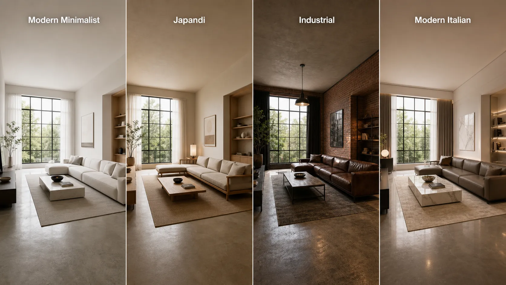 One room redesigned in Modern Minimalist, Japandi, Industrial, and Modern Italian styles