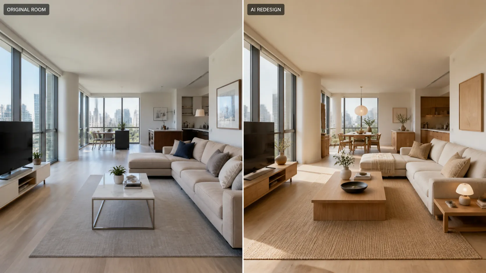 Before and after AI room redesign showing the same space in a new interior style