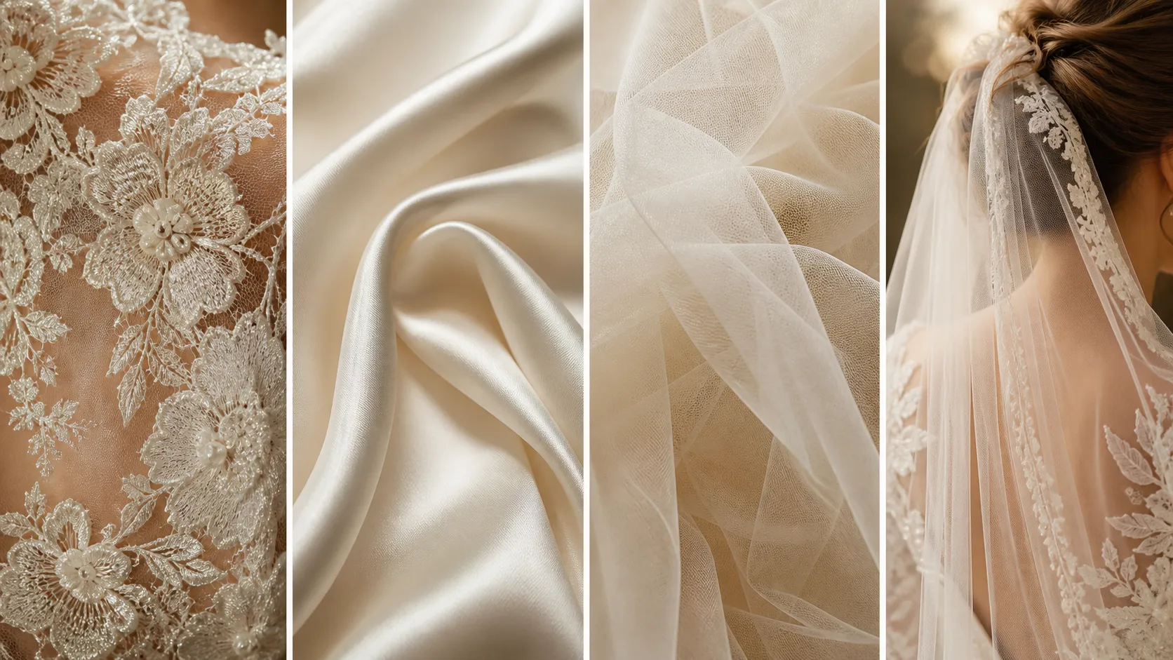 AI wedding dress fabric test showing lace satin tulle and veil details