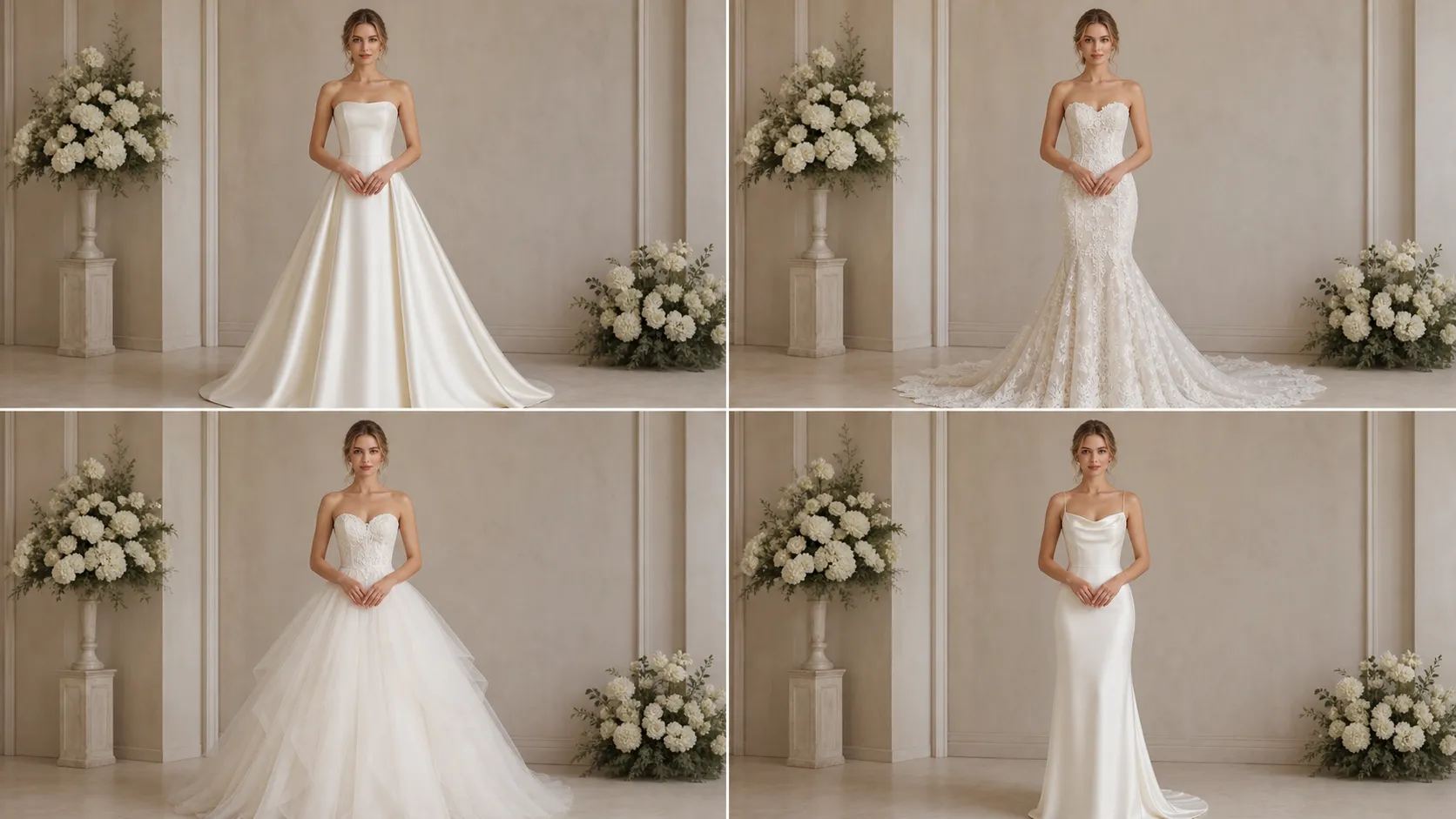 Same woman virtually trying on four wedding dress silhouettes with AI