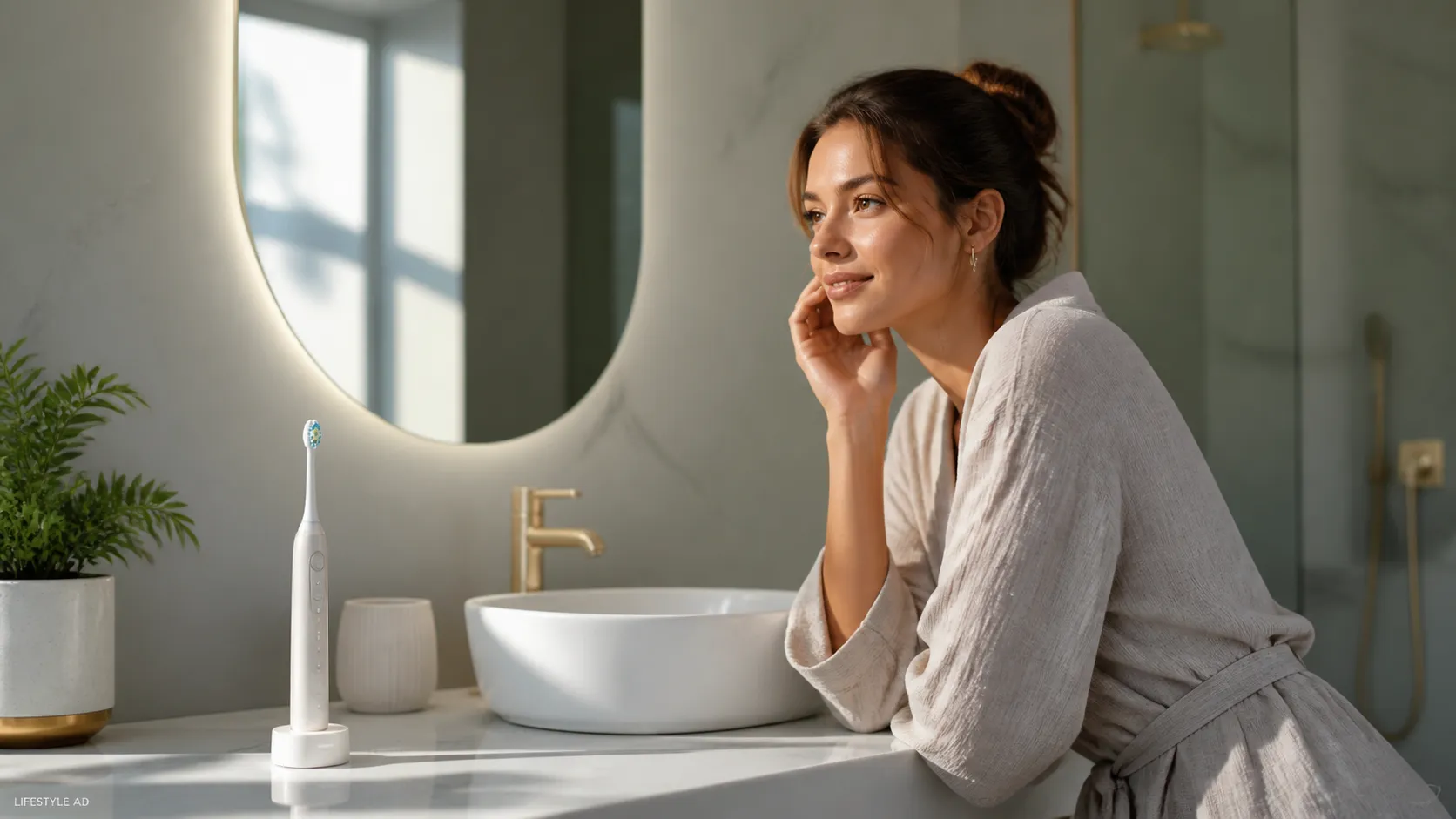 AI-generated lifestyle ecommerce advertisement featuring a wireless electric toothbrush