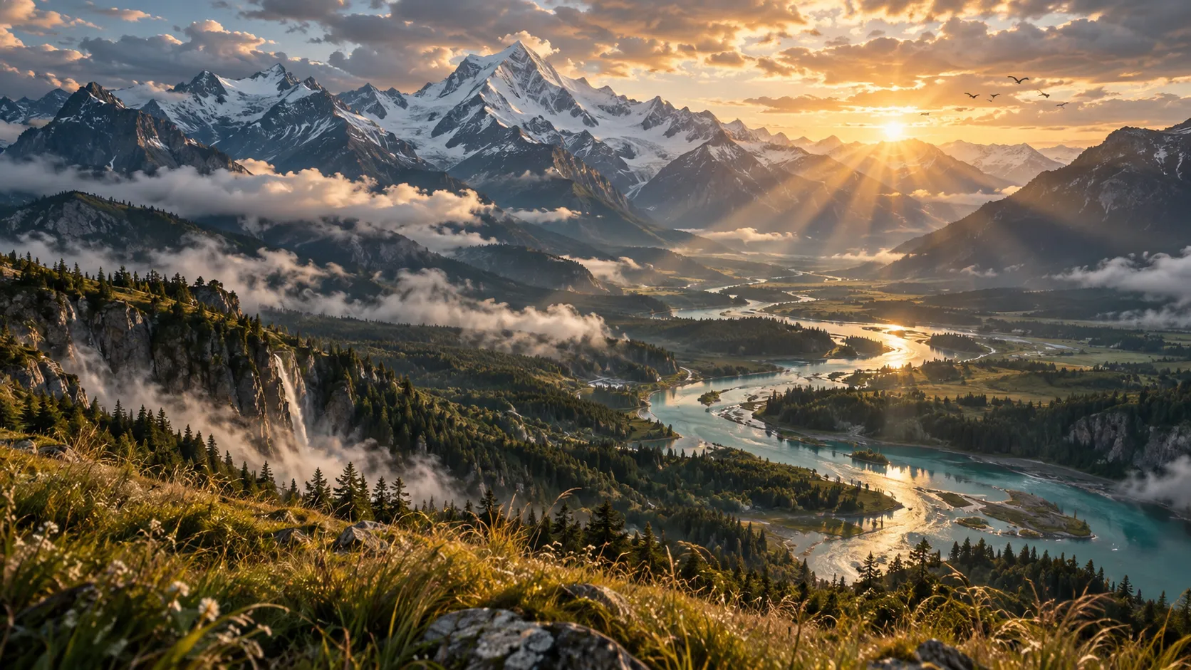 Epic mountain landscape captured as a cinematic AI-generated video frame