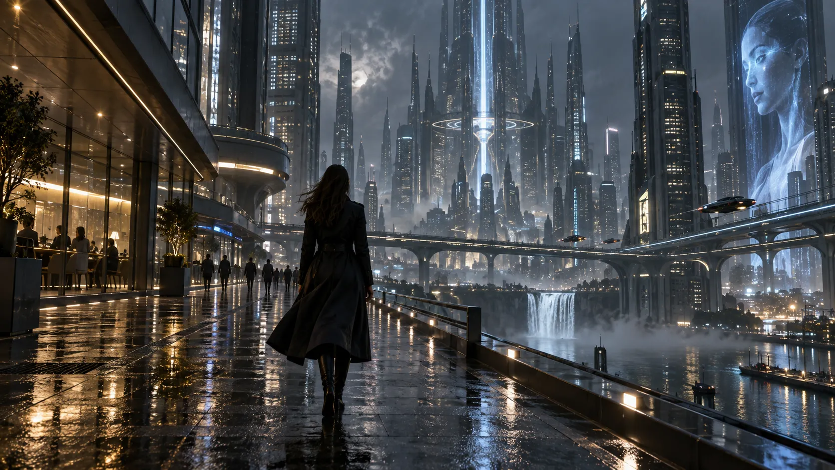 Futuristic cityscape created as cinematic AI video B-roll