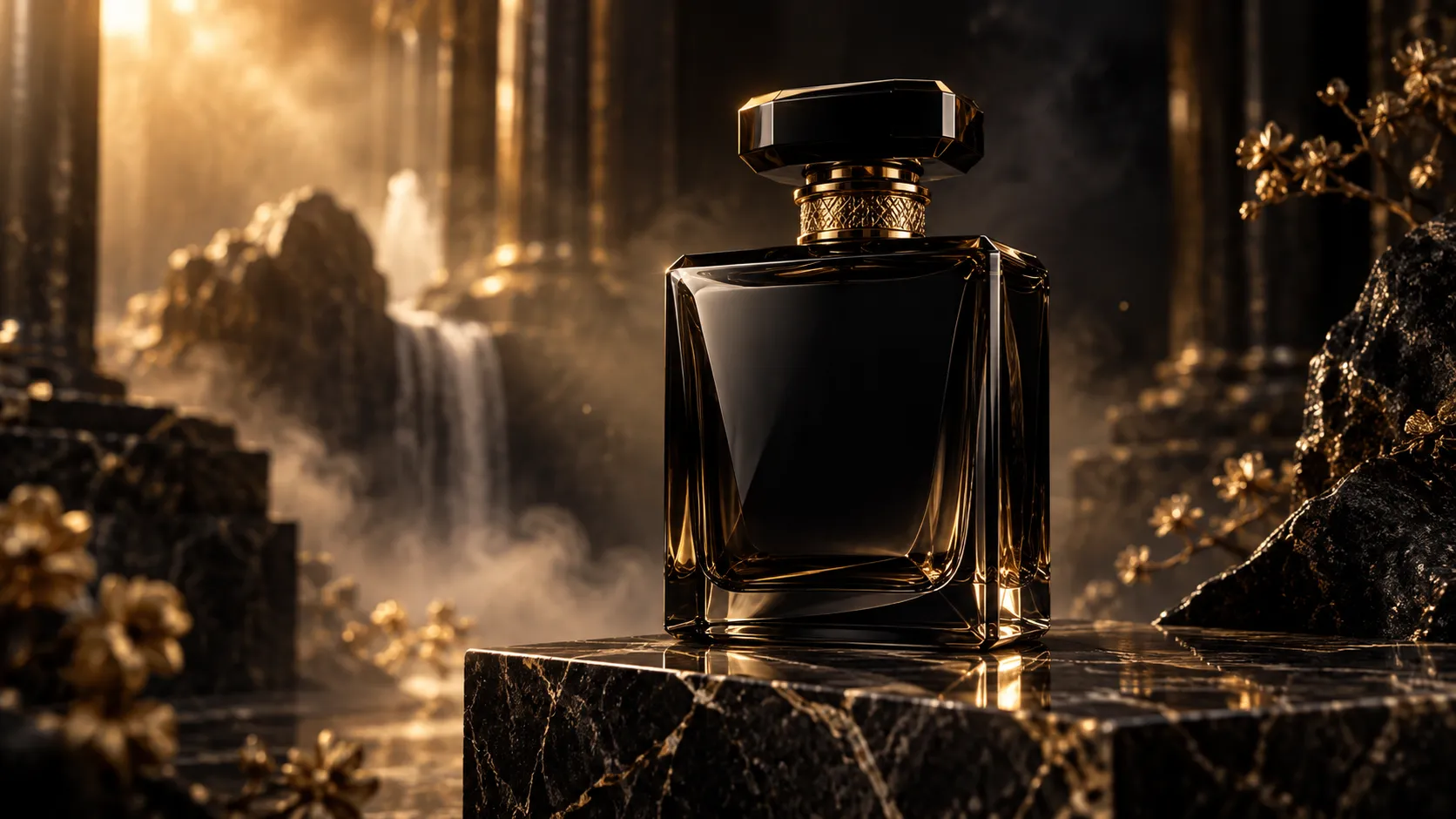 Luxury perfume bottle in a cinematic AI-generated video scene