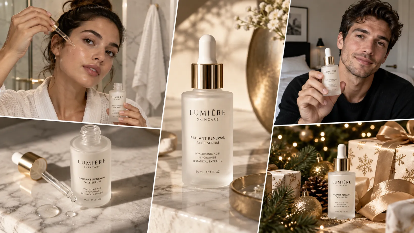 Skincare product shown in ecommerce photography, creator usage, and holiday gift-guide content