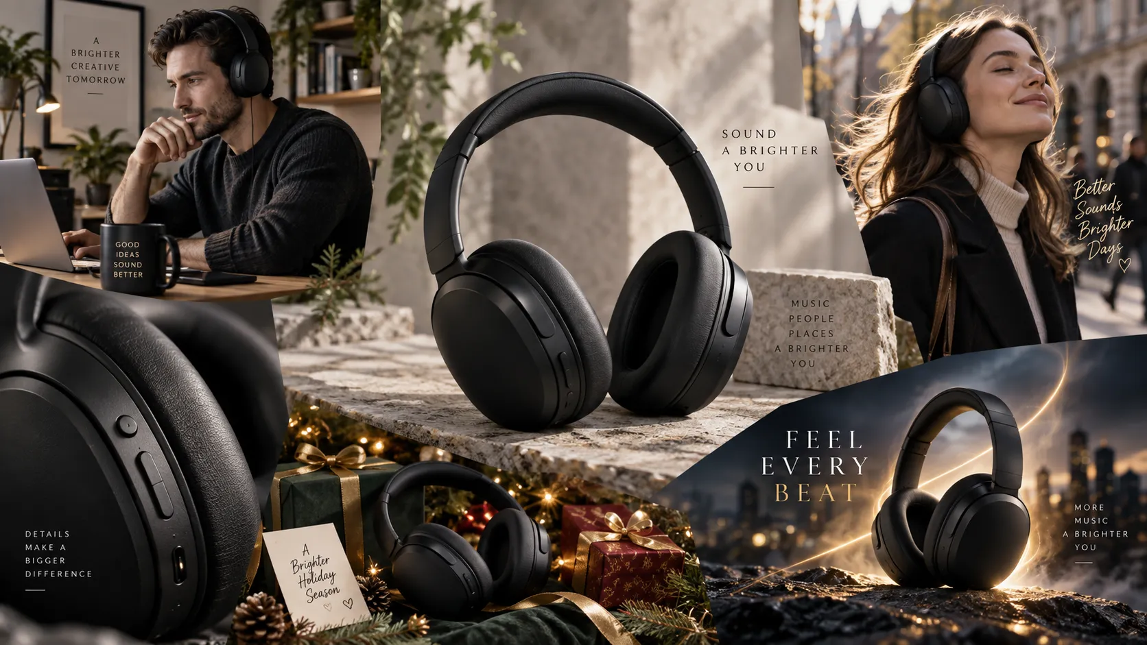 Wireless headphones transformed into multiple seasonal ecommerce and influencer content visuals