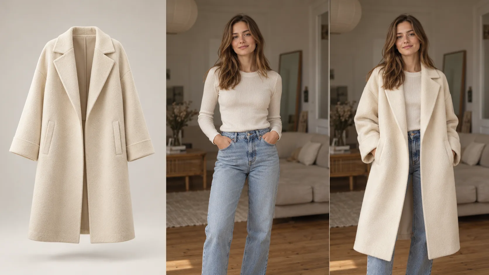 AI clothes try-on result showing a shopper wearing a white coat
