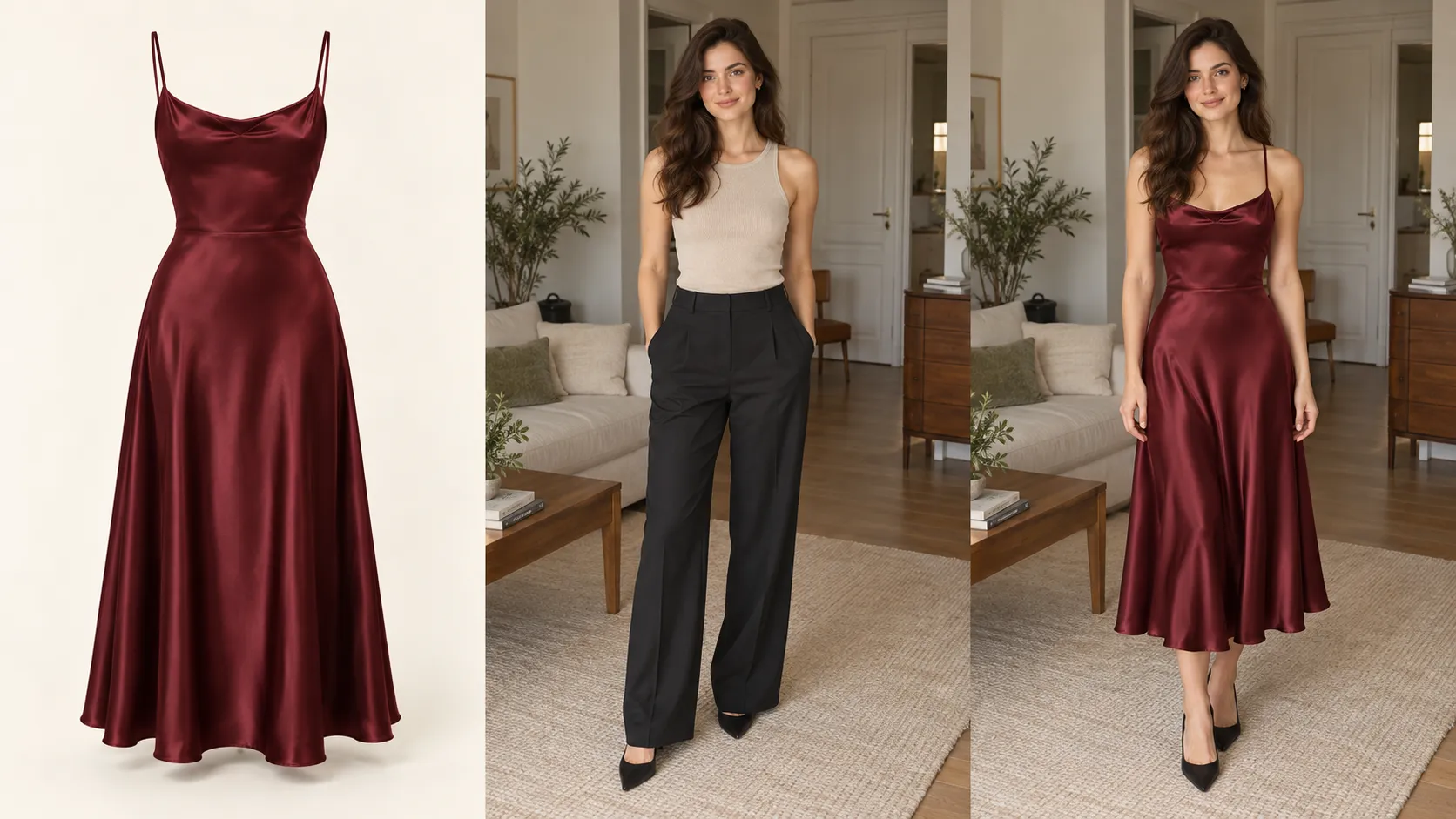 AI dress virtual try-on showing the original dress, shopper photo, and personalized result