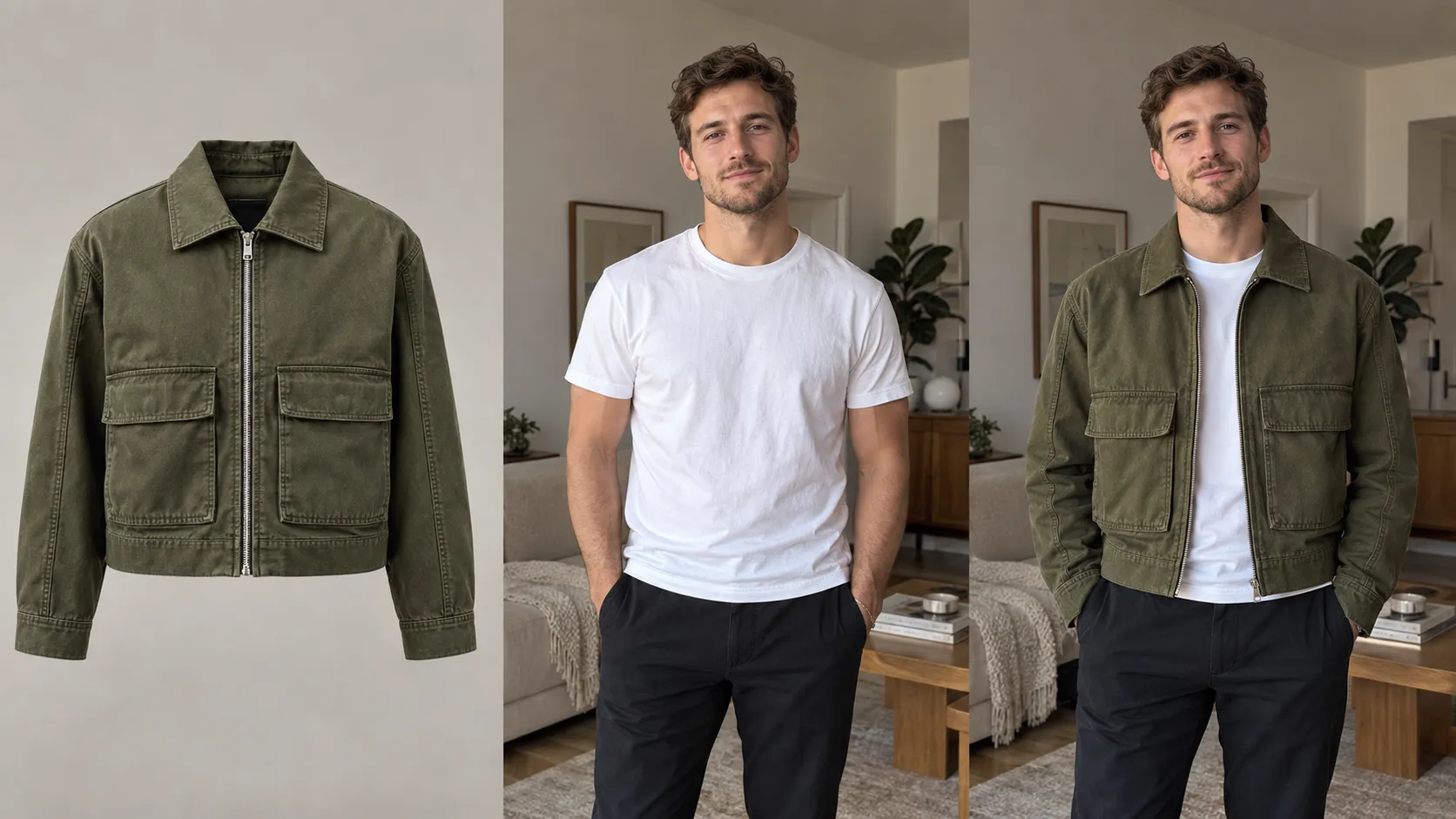 AI virtual try-on using a jacket product image and a shopper photo to generate a personalized preview
