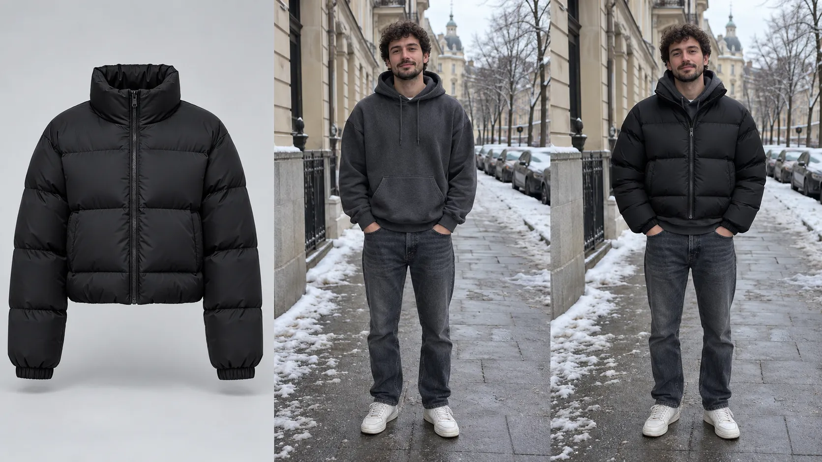AI virtual try-on of a winter puffer jacket showing the product reference, shopper photo, and final result