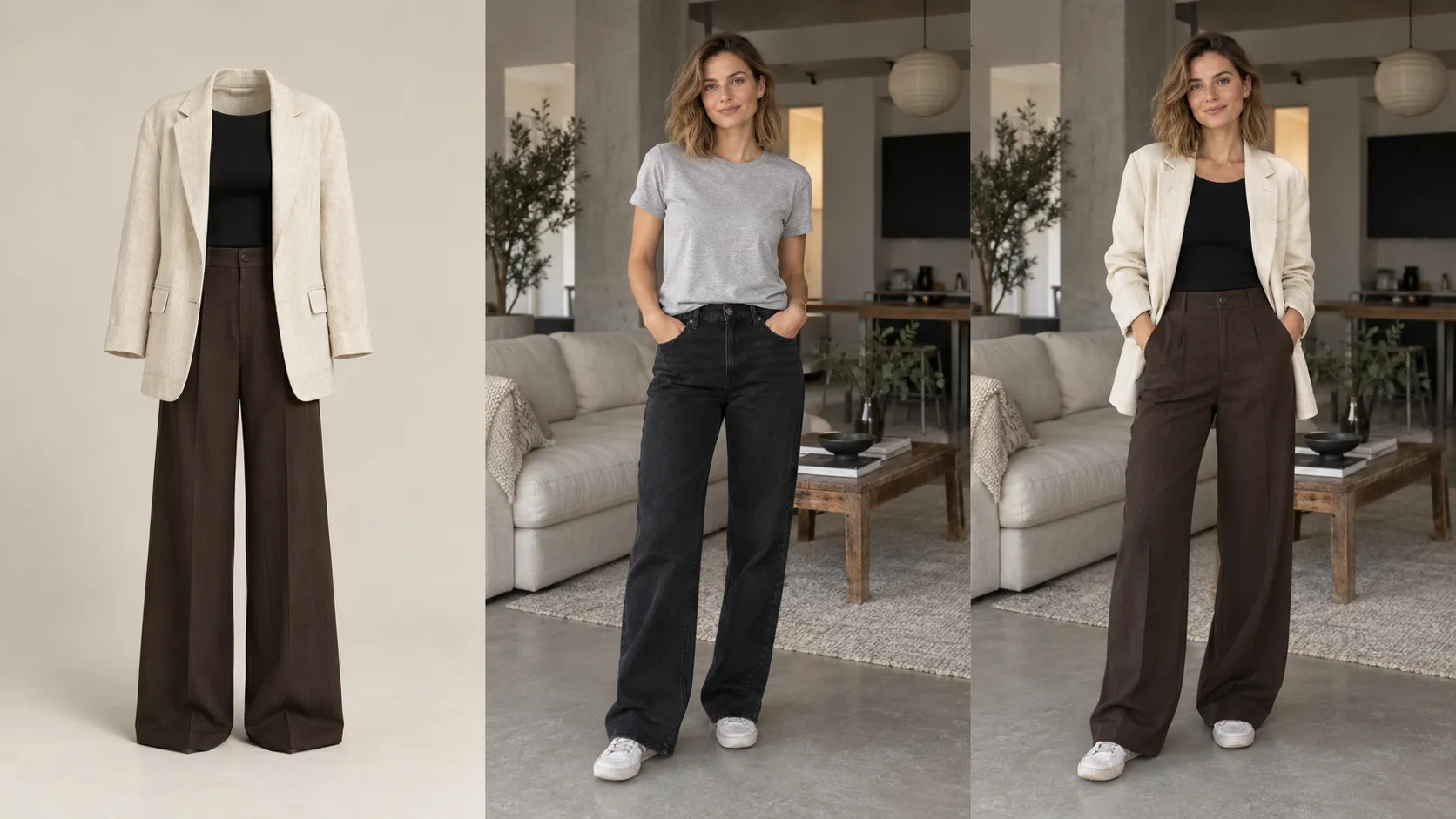 AI virtual try-on showing a complete outfit from product reference to personalized shopper result