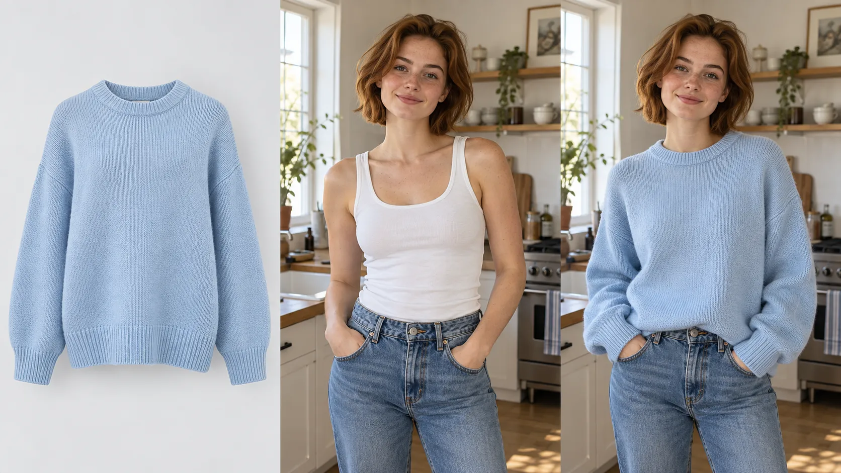 AI virtual try-on showing a casual sweater product and a personalized shopper result