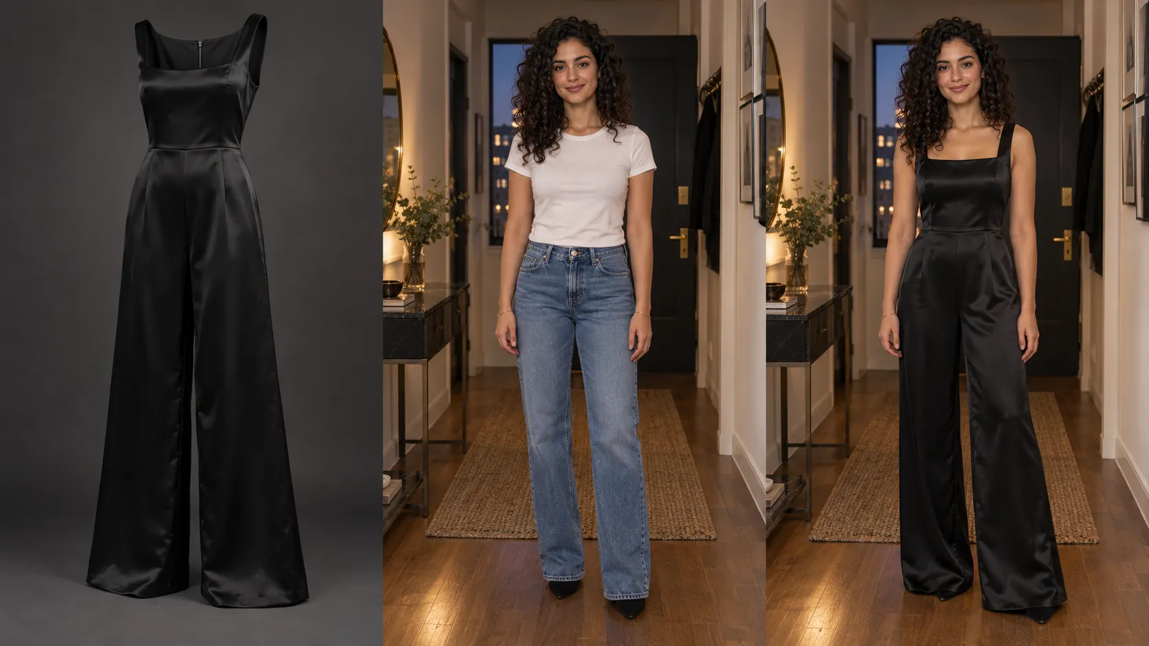 AI virtual try-on of a black satin jumpsuit for a Halloween or holiday party on a shopper's photo