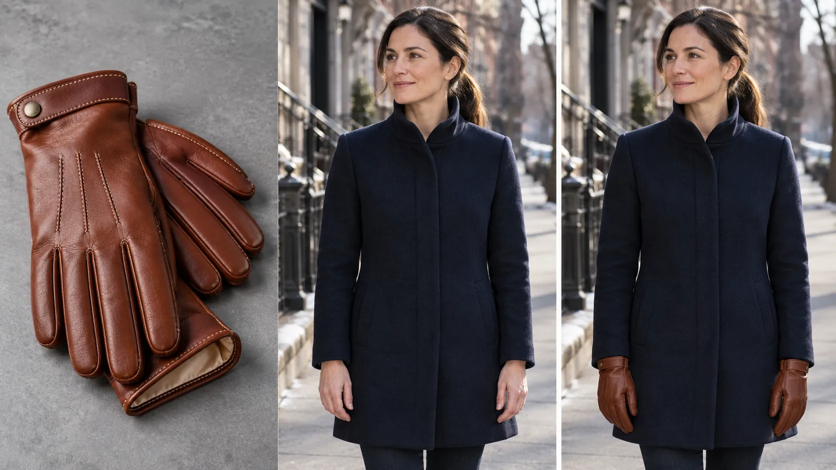 AI virtual try-on of chestnut leather gloves on a shopper standing in winter daylight