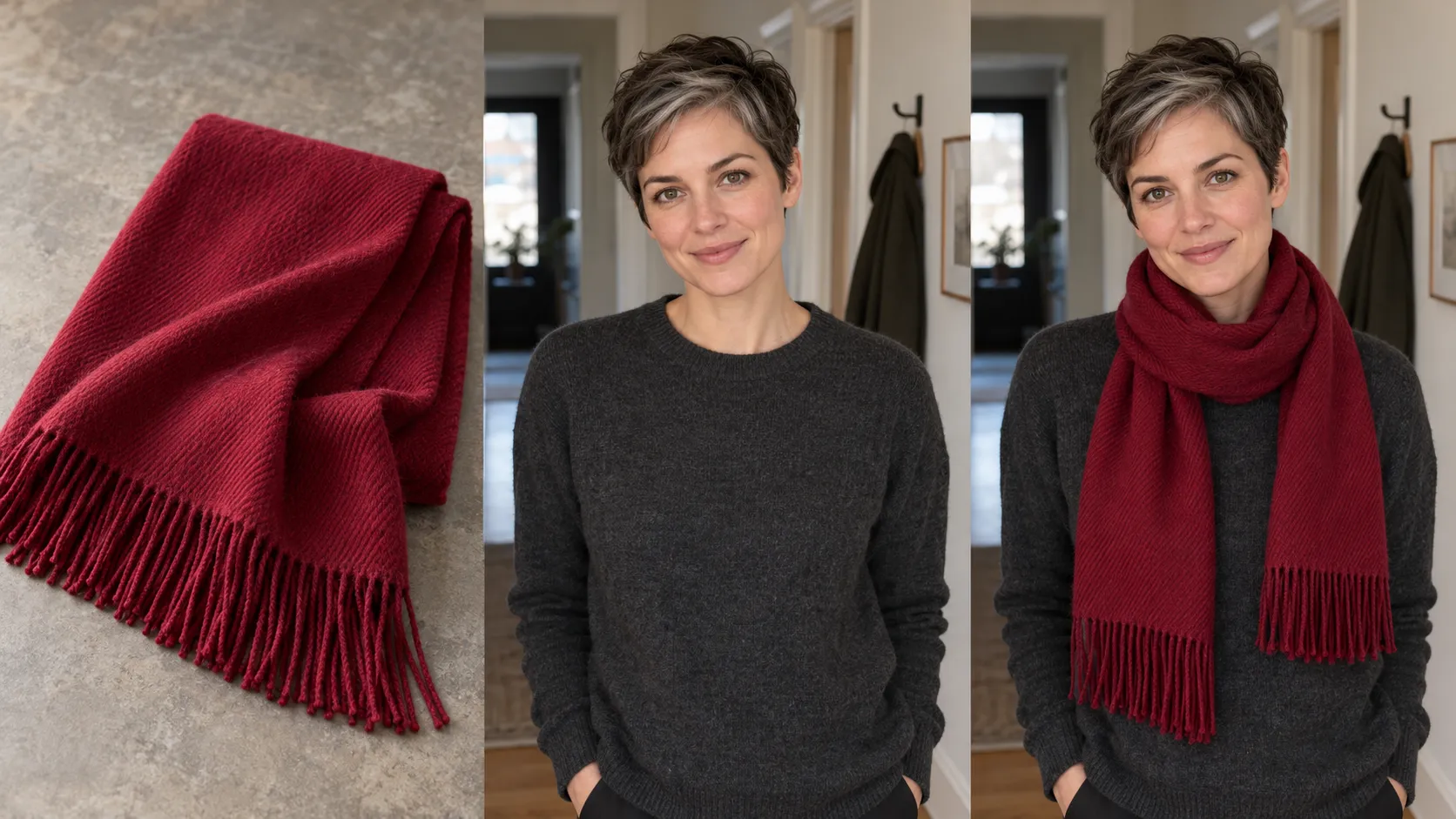 AI virtual try-on of a cranberry cashmere scarf on a shopper beside the product reference