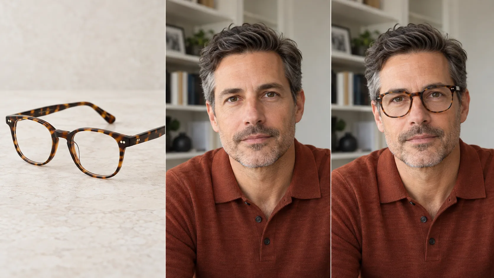 AI virtual try-on of tortoiseshell acetate glasses on a shopper beside the eyewear product photo
