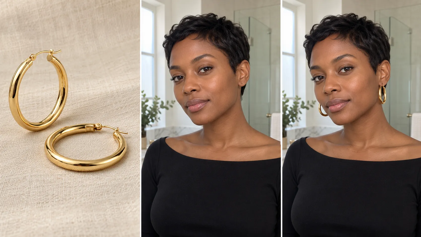AI virtual try-on of large gold hoop earrings on a shopper next to the jewelry product reference