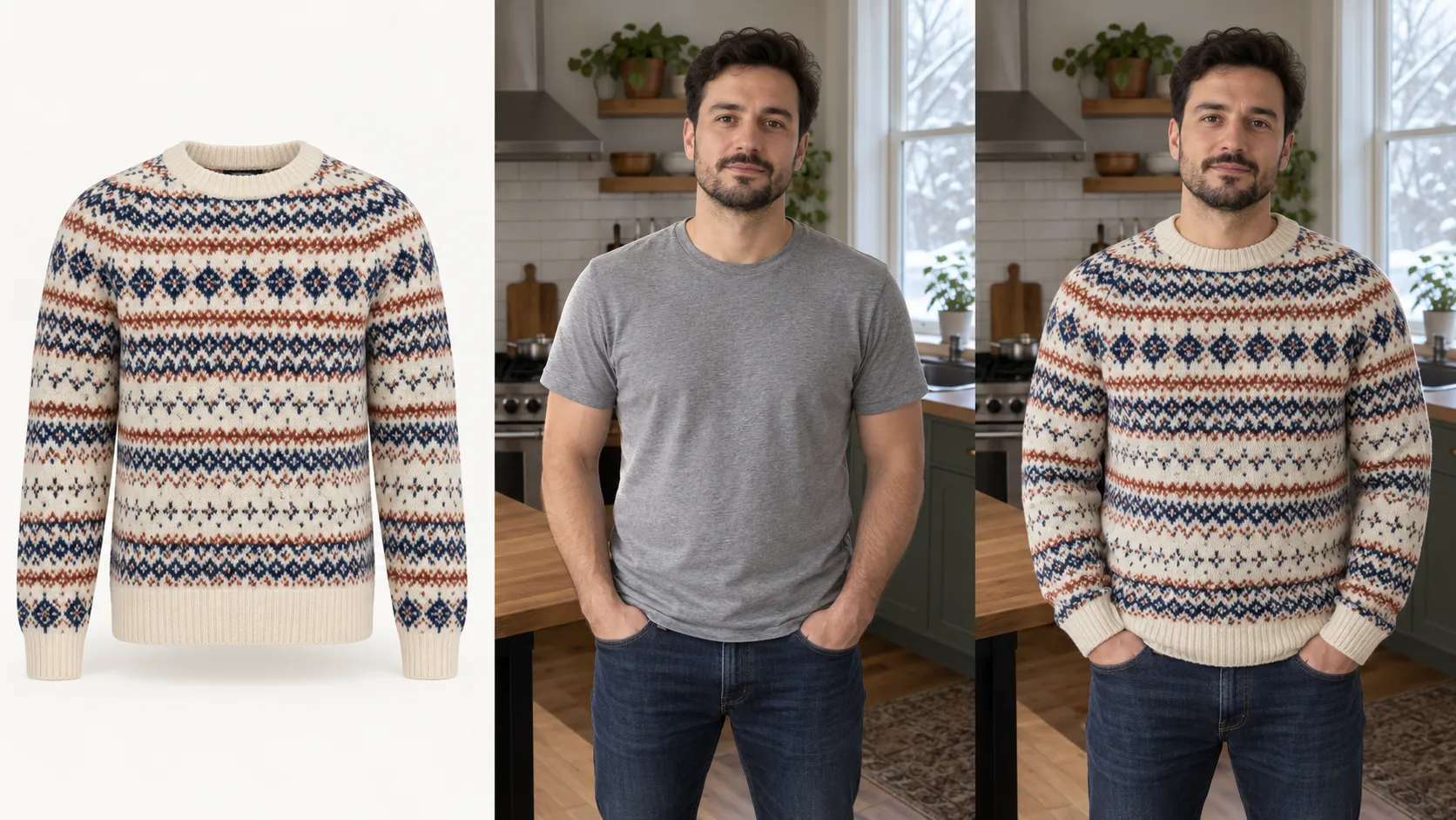 AI virtual try-on of a Fair Isle knit sweater using a clear source photo that shows the full pattern