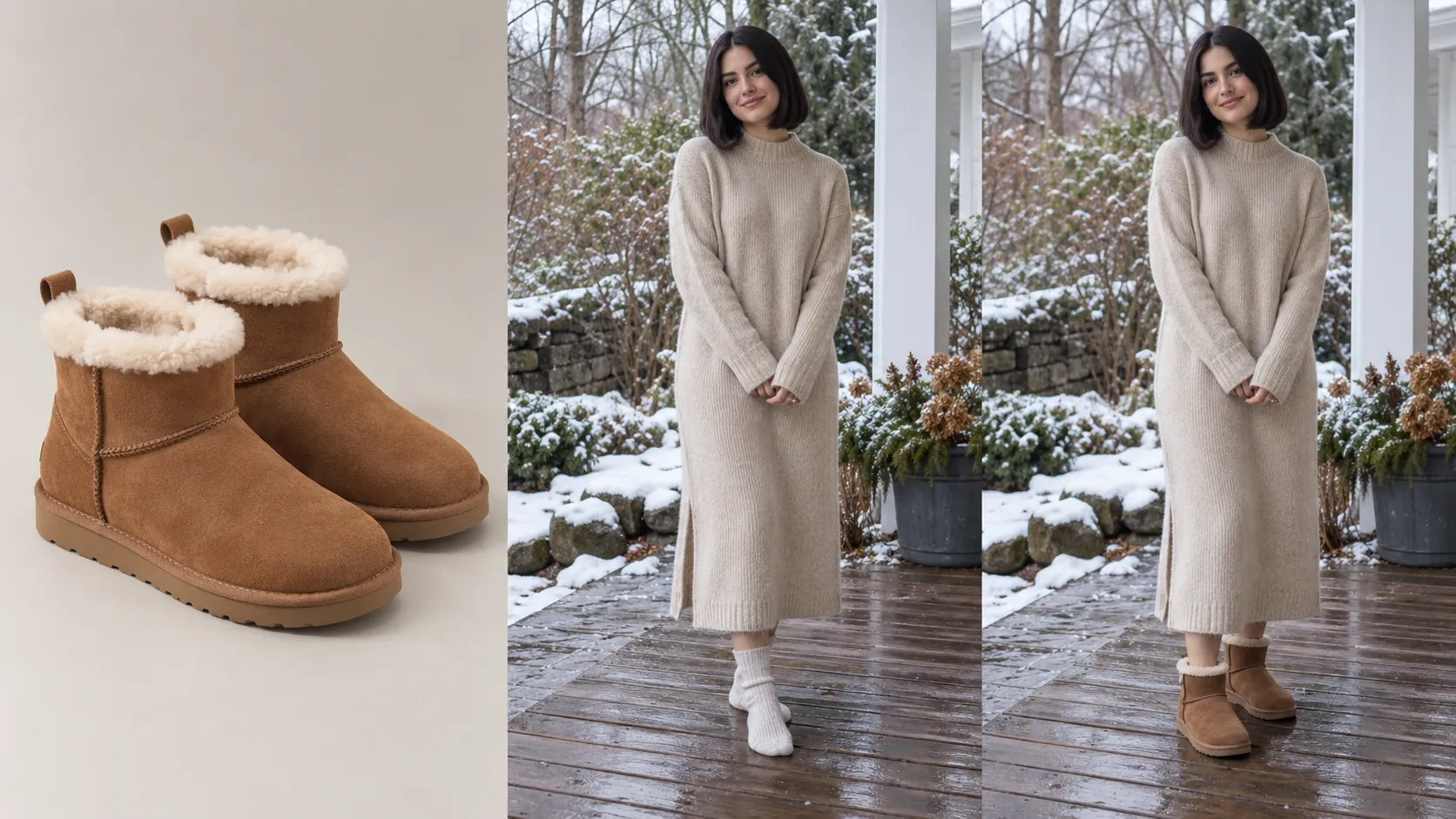AI virtual try-on of chestnut shearling boots on a shopper in a winter residential setting