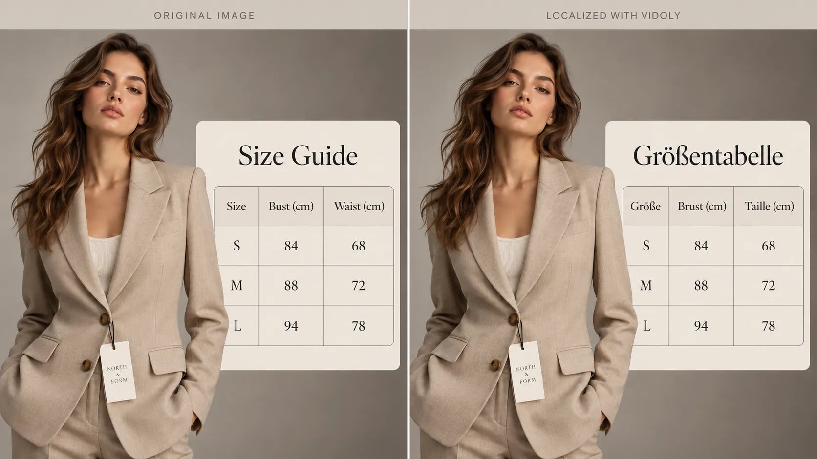 Original English blazer size guide compared with a German-localized product image, preserving table alignment and measurements.