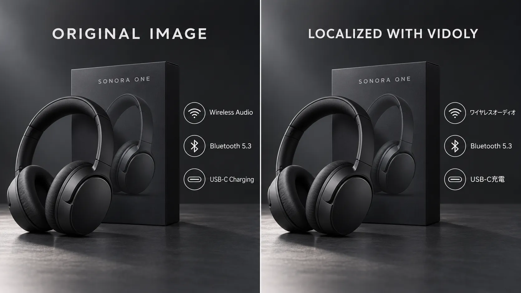 English wireless headphone product graphic compared with its Japanese-localized version, preserving product imagery and feature-label positions.