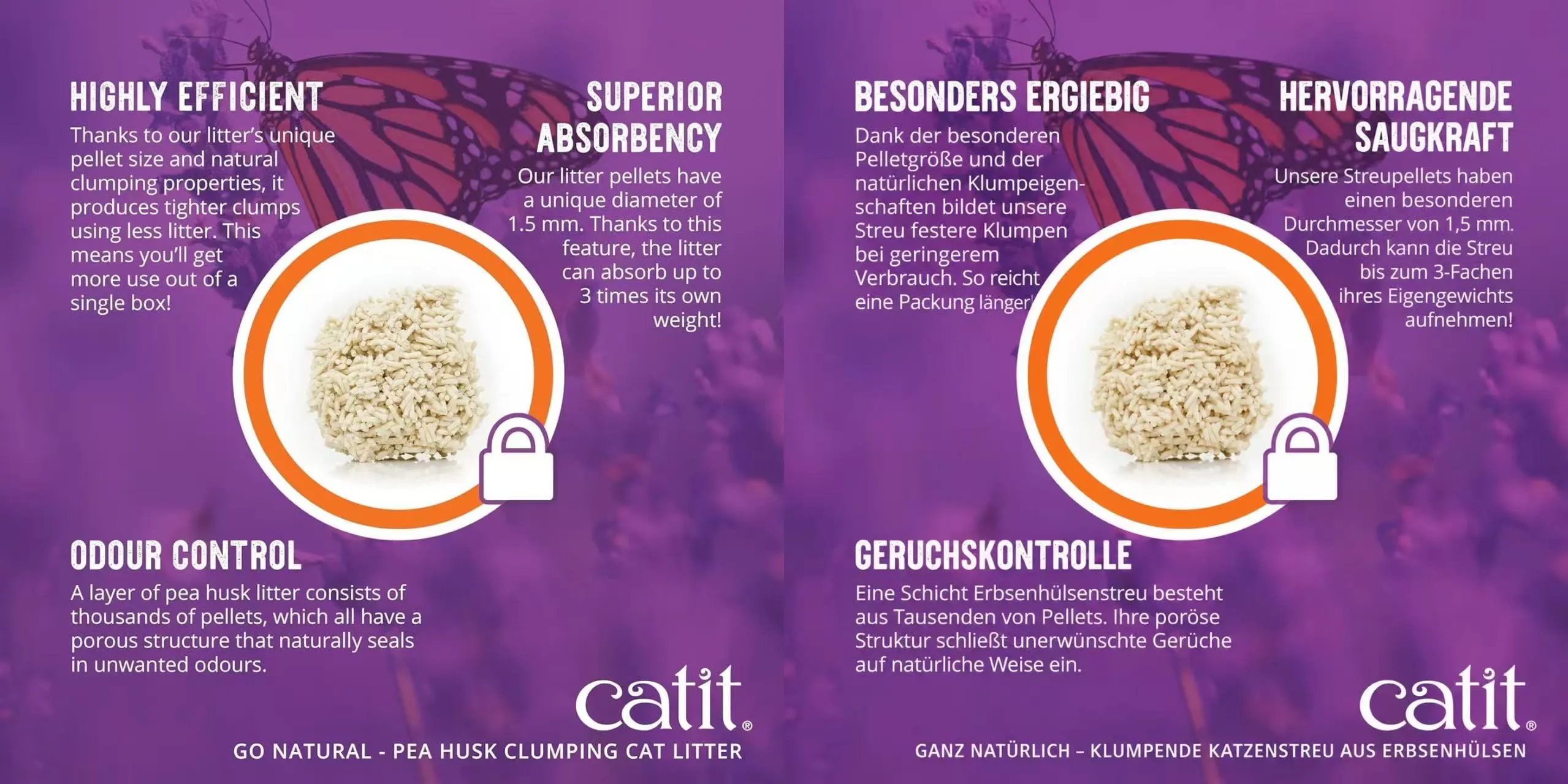 English pea husk clumping cat litter promotional graphic side-by-side with its German-localized version, layout and visuals identical, only text translated.
