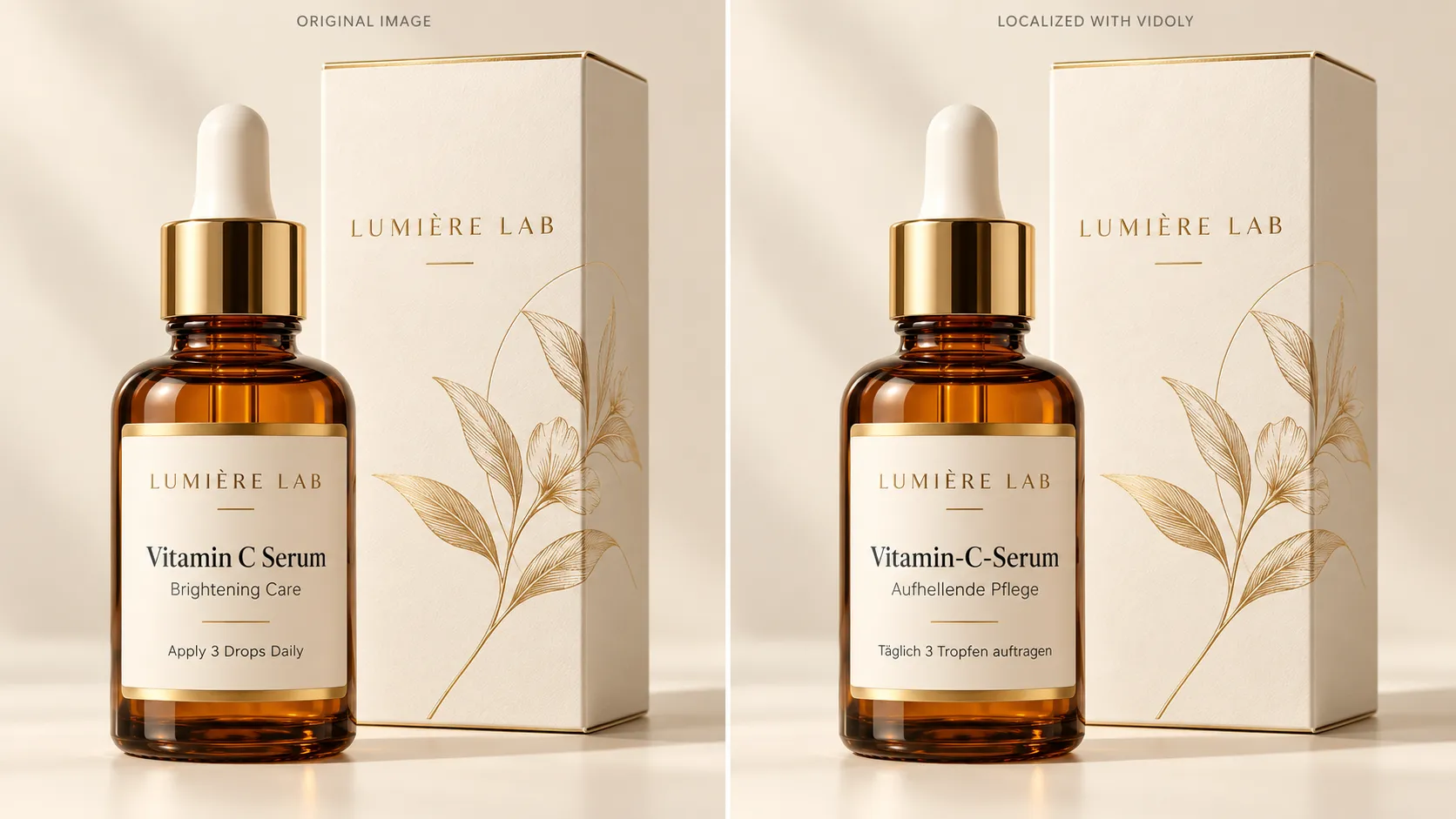 Before and after comparison of an English skincare product image translated into German with Vidoly while preserving the original layout.