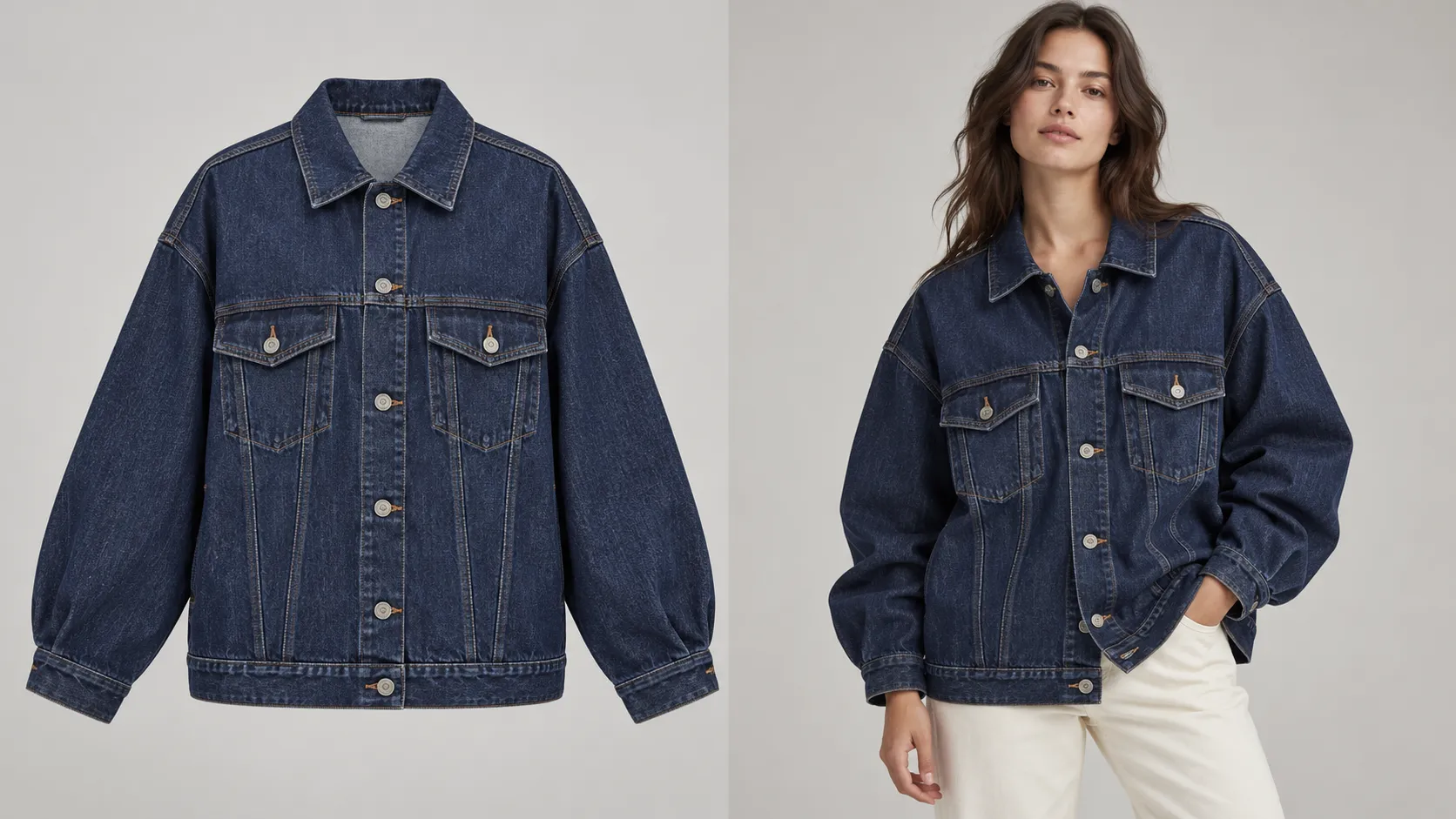 Denim jacket product image alongside its virtual try-on result on a fashion model.