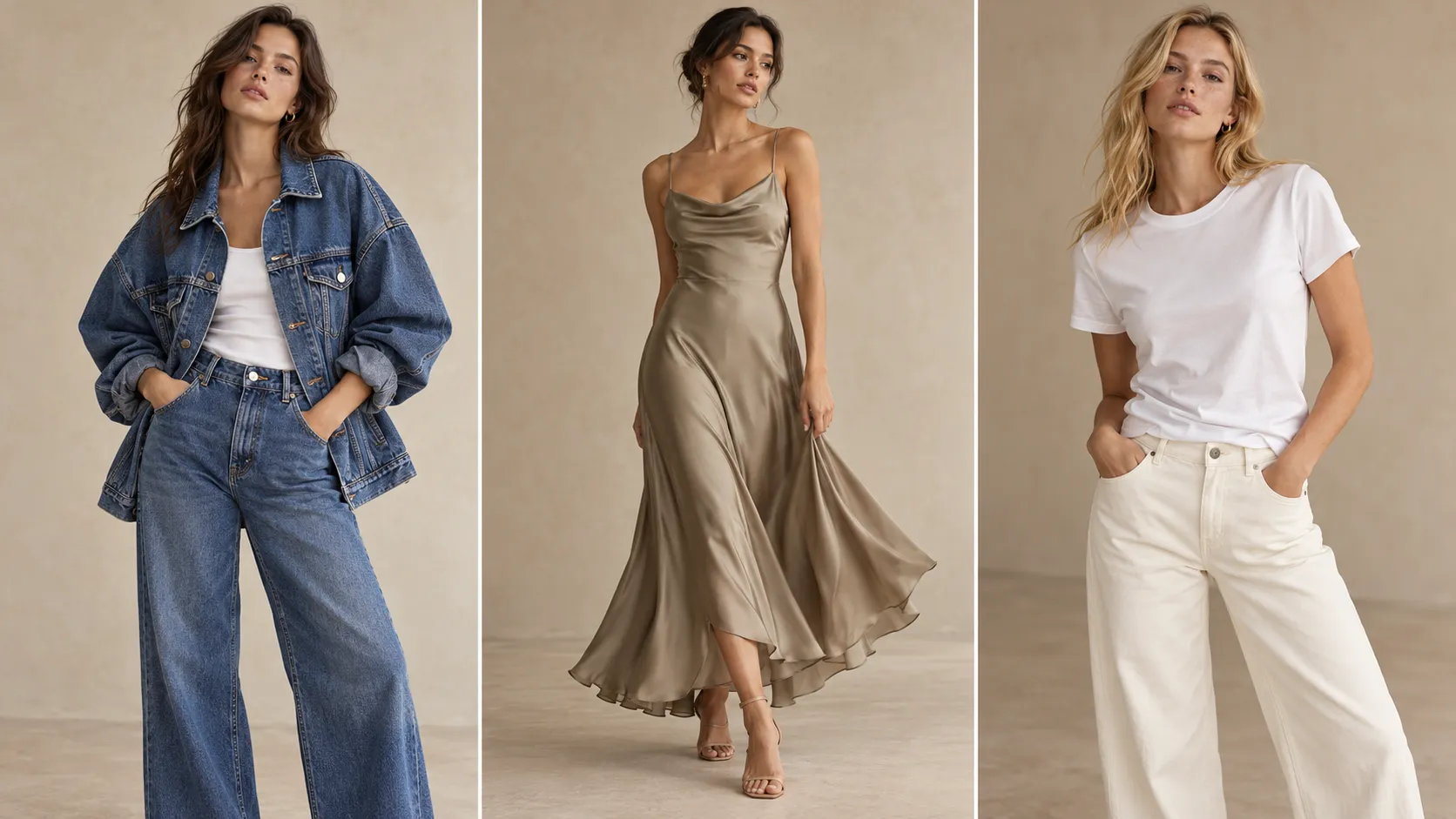 AI virtual try-on examples showing a denim jacket, an occasion dress, and a basic T-shirt on fashion models.