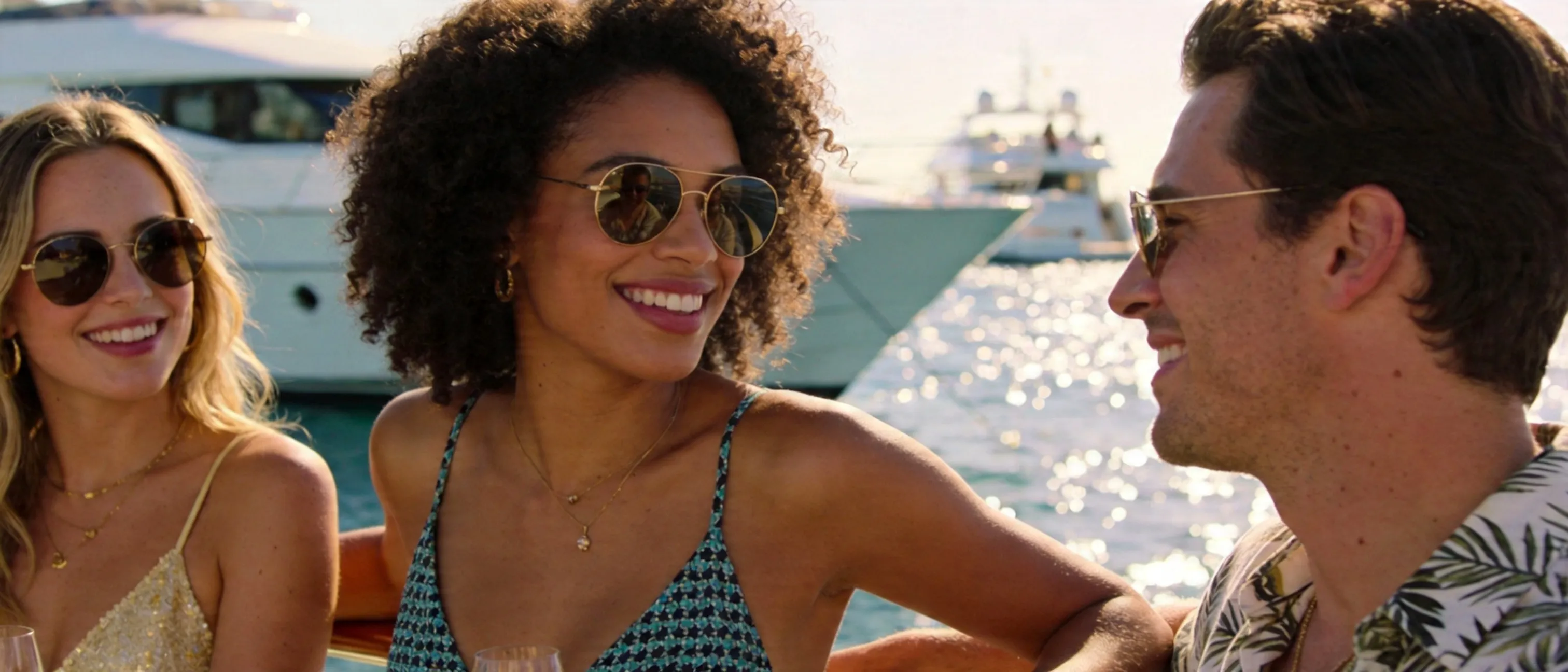 A premium lifestyle selfie of fashionable young adults enjoying a yacht party, close-up shot, natural smiles, relaxed and confident poses, luxury summer styling, textured background with elegant yacht surfaces, sparkling sea reflections, warm sunlight, upscale party atmosphere, realistic photography, ultra-detailed, sharp focus, HDR, 8K, high resolution