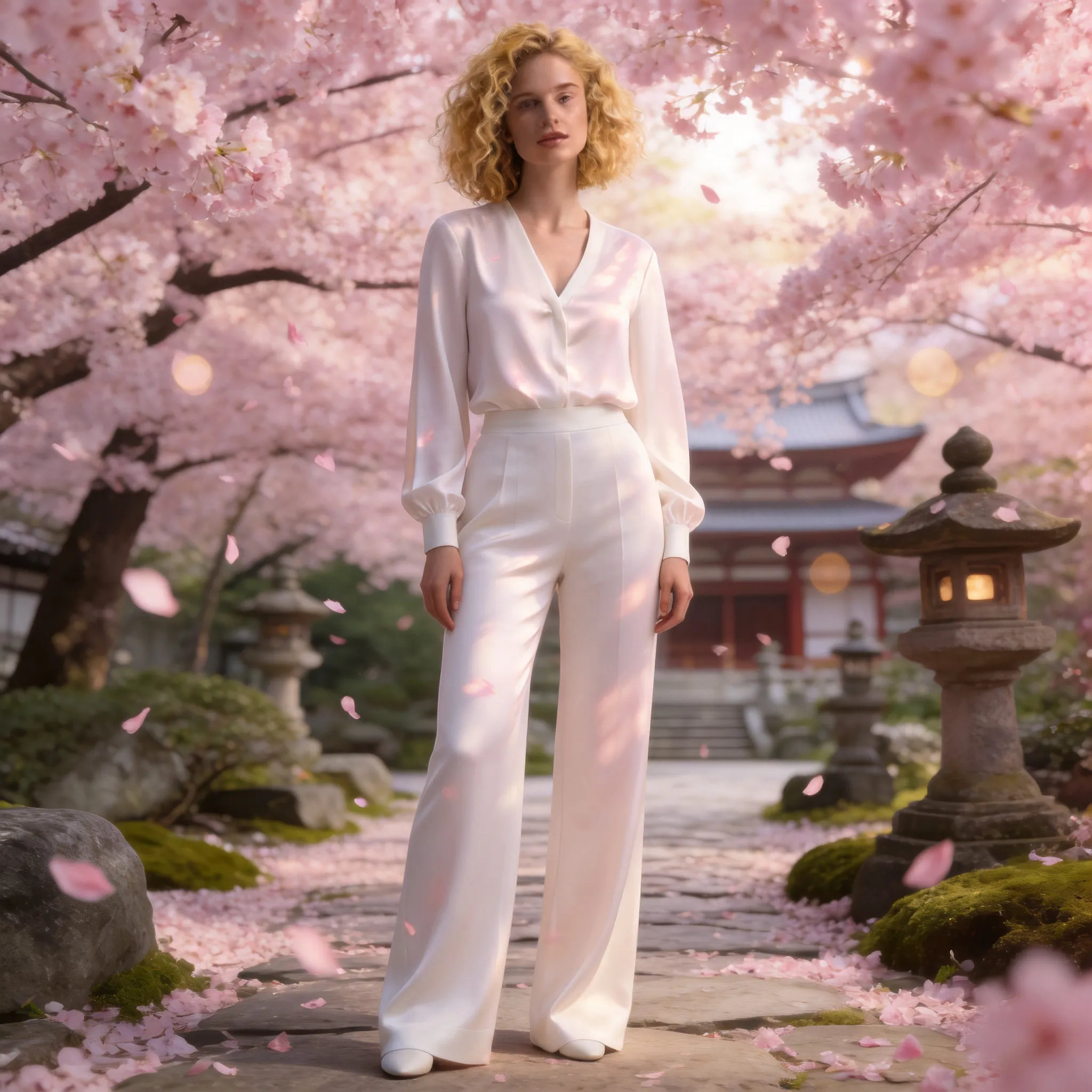 Make me a professional environmental portrait with a Japanese cherry blossom background replacement.