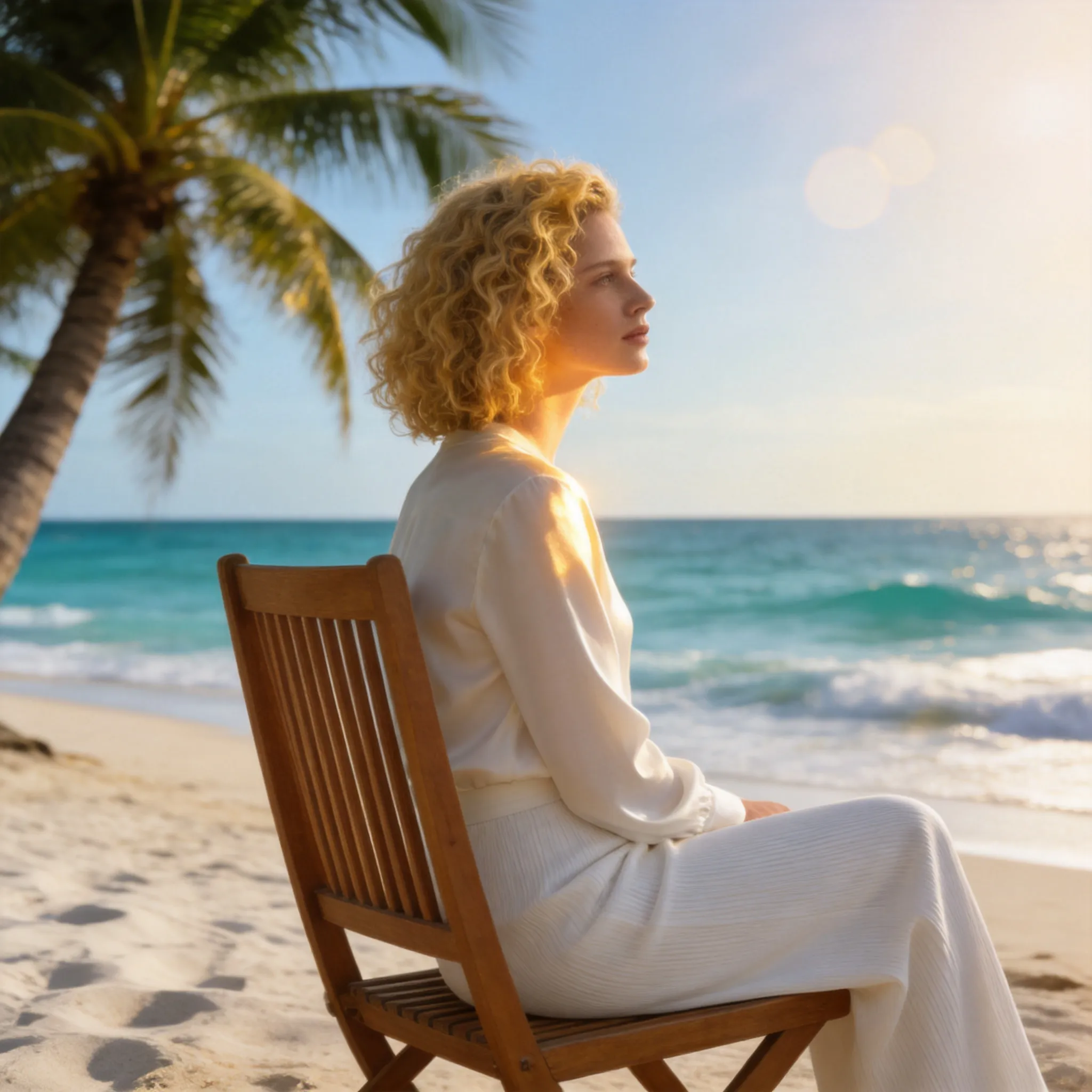 Make me a professional environmental portrait with a beach vacation background replacement.