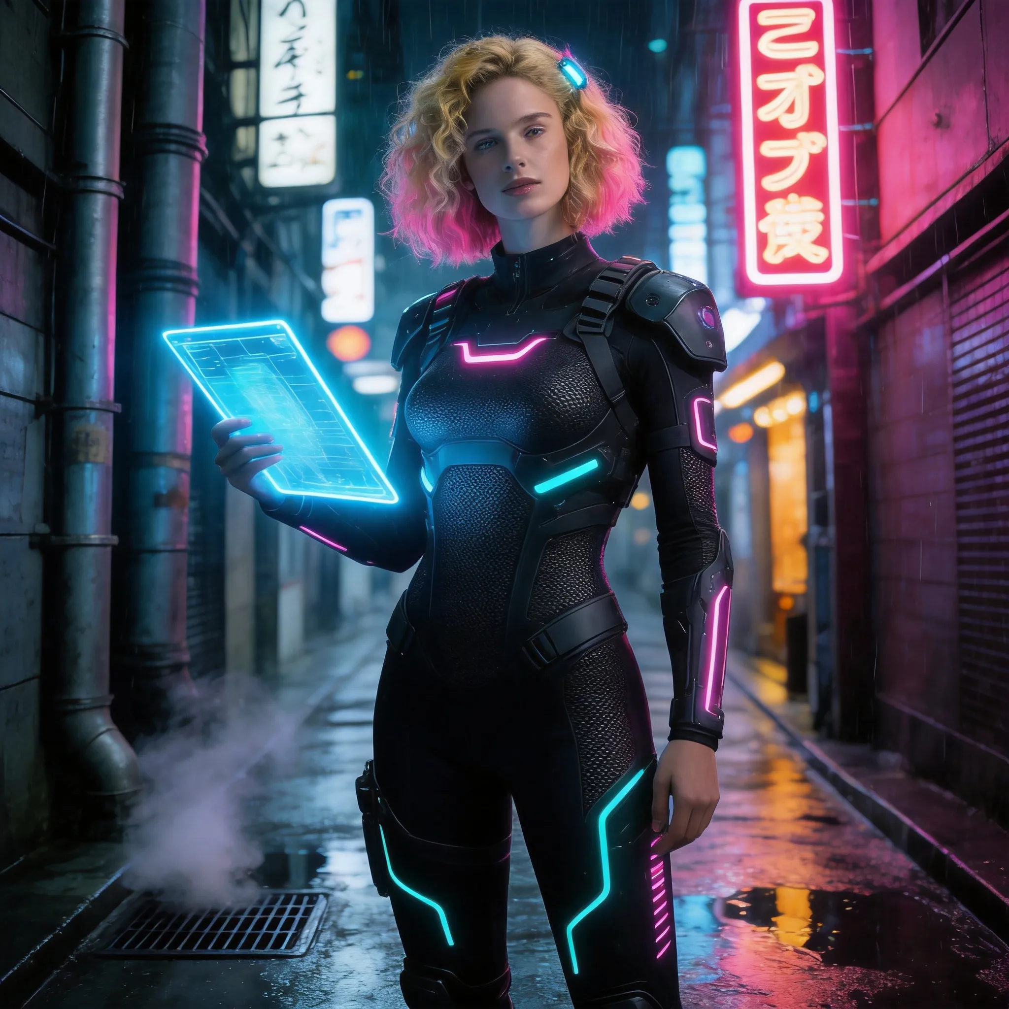 Make me to a cyberpunk dress and background replacement.