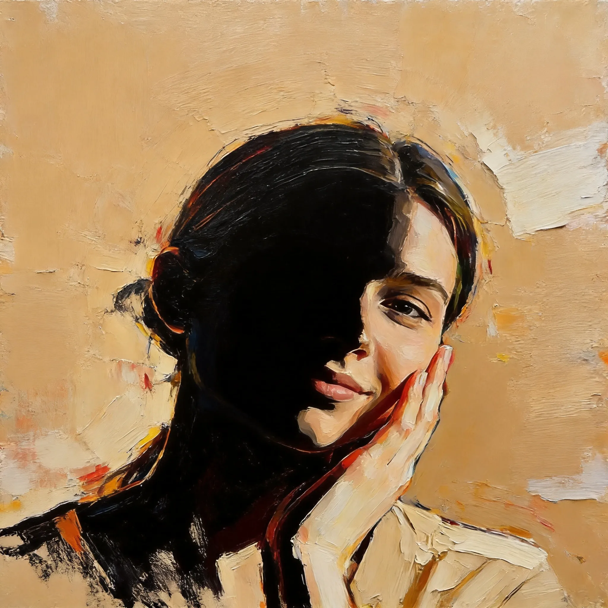 Transform this portrait into a high-end, heavily textured palette-knife abstract oil painting. Reinterpret the source subject not as a photo, but through bold masses of thick, layered impasto paint and energetic color-block collisions. The brushstrokes must be incredibly distinct and chaotic, with raw, scraped edges defining the silhouette cues and emotional energy. While fine facial details are gone, the core posture, emotional tone, and spiritual essence must remain perceptible through the massive paint movement. Render the background with the same thick, painterly language to create a unified, visually heavy, and emotionally charged abstract masterpiece.