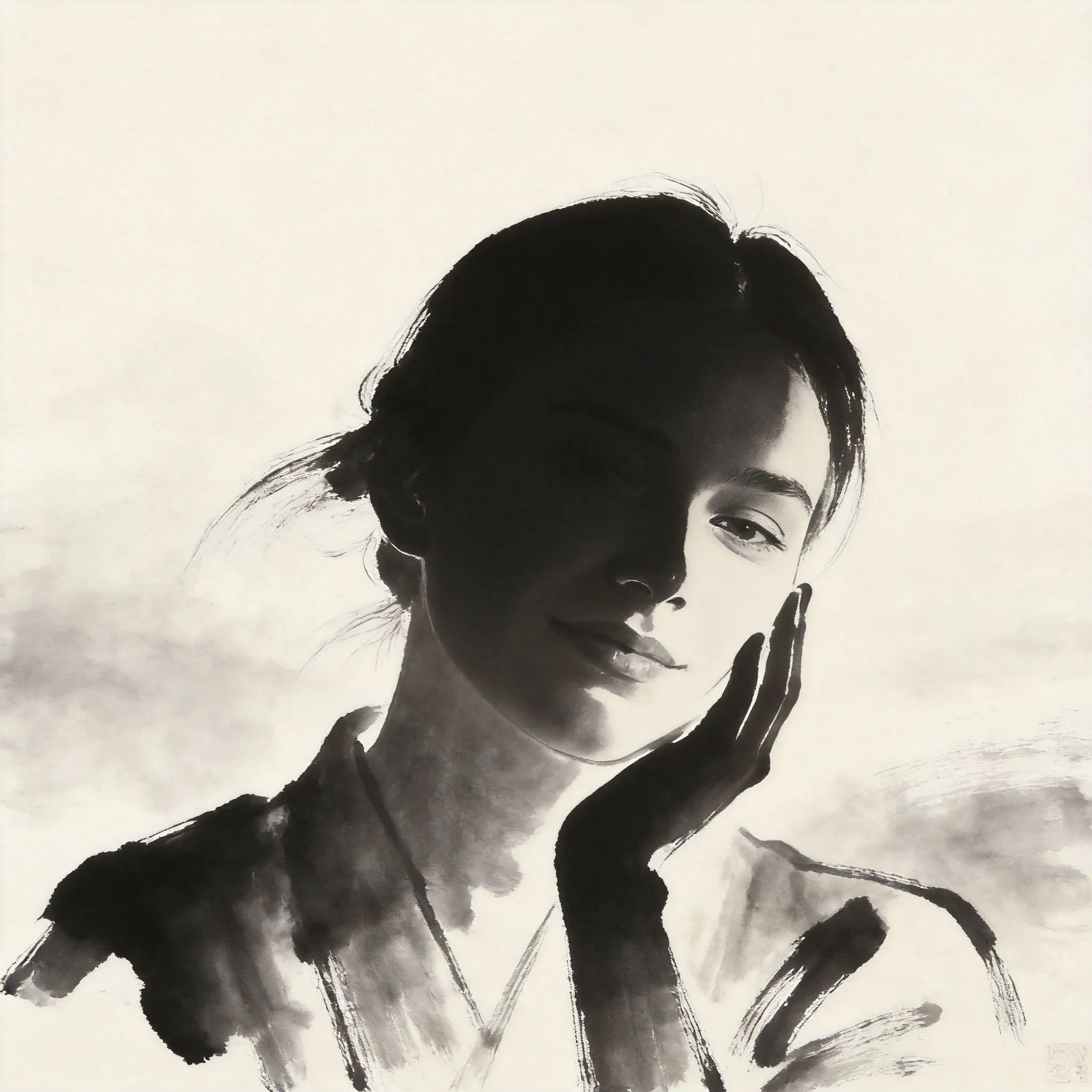 Re reinterpret this portrait as a refined, authentic Chinese sumi-e ink wash painting. Significantly enhance the use of negative space, elegant brush-rhythm energy, and atmospheric stillness. The recognizable essence, posture, and core emotion of the source subject should emerge through dramatic ink gradation layers, expressive brush flow, and soft, mists-like diffusion. Use controlled dry-brush texture to define key silhouette cues. The final image must convey meaningful emptiness and graceful restraint, making the original subject’s inner presence clear within a poetic, calligraphic composition.