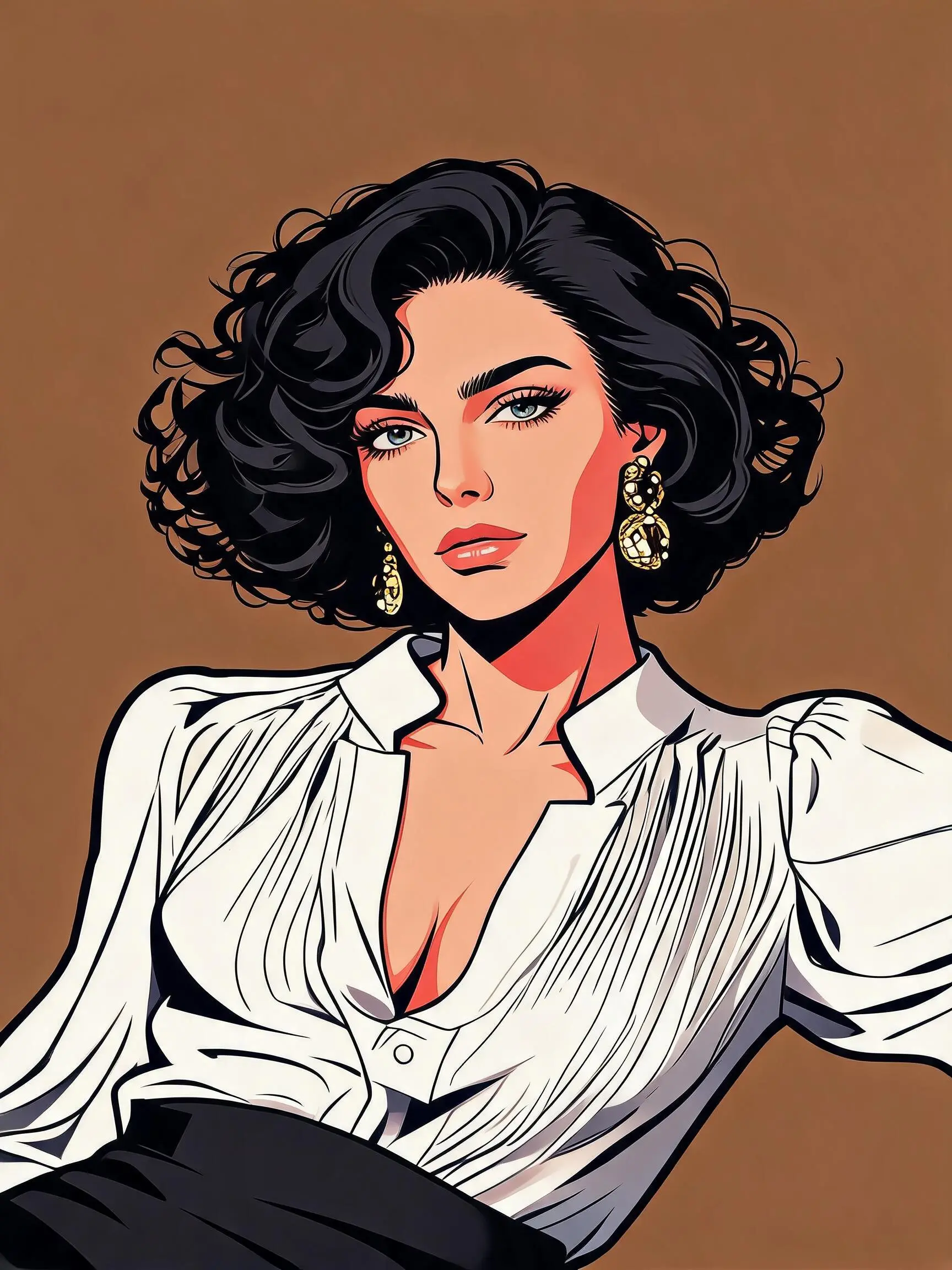 A vibrant, stylized pop art portrait of [the woman in the picture]. The subject is rendered with bold, clean lines and a strong outline, reminiscent of graphic novels or character design. The [woman] is wearing a [white] top . Their hair is dynamically styled and well-groomed. The background is a solid, clean [brown], ensuring the subject pops. The overall style is modern, charismatic, and slightly exaggerated for artistic effect, with crisp digital rendering and vibrant color saturation.