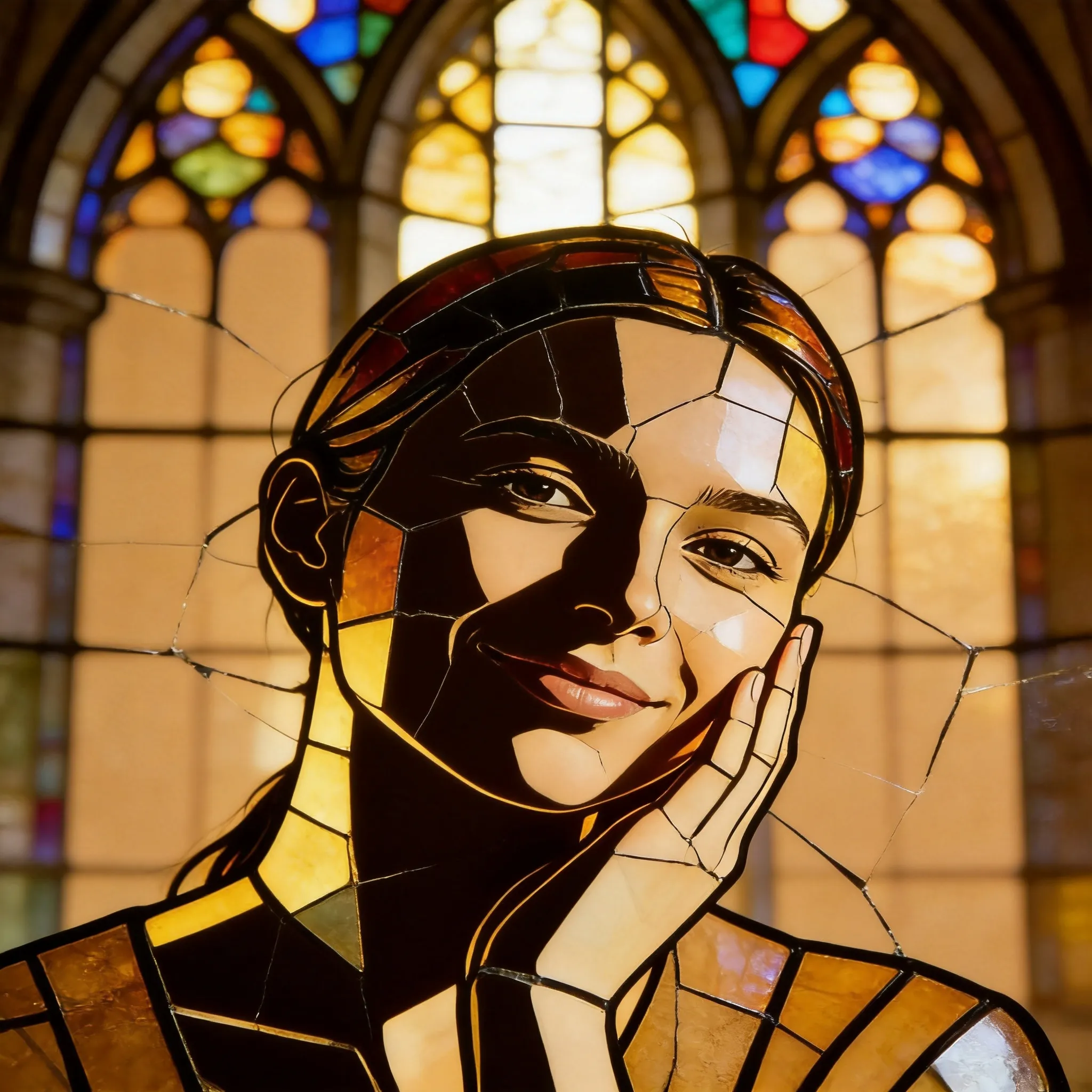 Transform this portrait into a dramatic, cathedral-style stained-glass abstraction. Rebuild the source subject using distinct, luminous color panes, bold dark leading lines, and fractured geometric glass segments. Enhance the sense of fractured beauty and jewel-like transparency. The composition should convey a mysterious and magnificent quality, allowing the original emotional tone and silhouette to be strongly felt through the broken-yet-harmonized composition. Render believable light refraction through the colored glass, making the recognizable human spirit shine through shattered translucent forms.
