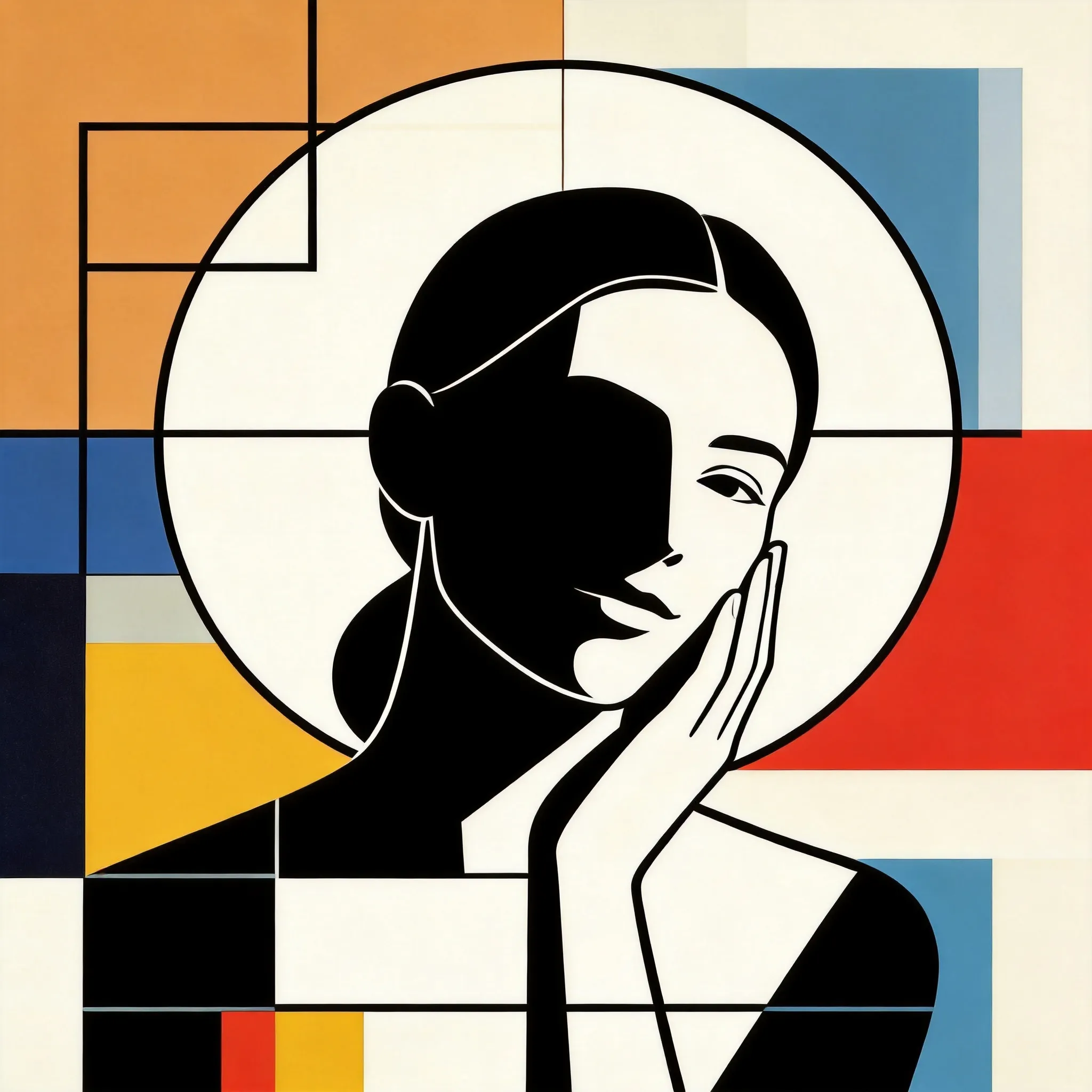 Reconstruct this portrait as a sophisticated, Bauhaus-inspired geometric abstraction. Use precise circles, rectangles, balanced planes, and clean lines to reorganize the subject's contour, posture, and emotional structure. The composition must emphasize rational design, strong visual order, and modernist color-block harmony. Preserve the recognizable presence and essence of the original person through geometric silhouette cues and balanced modular arrangements rather than realistic detail. The background should be a coherent, design-driven geometric field supporting the same modernist logic, making the final image feel like a conceptual design masterpiece.