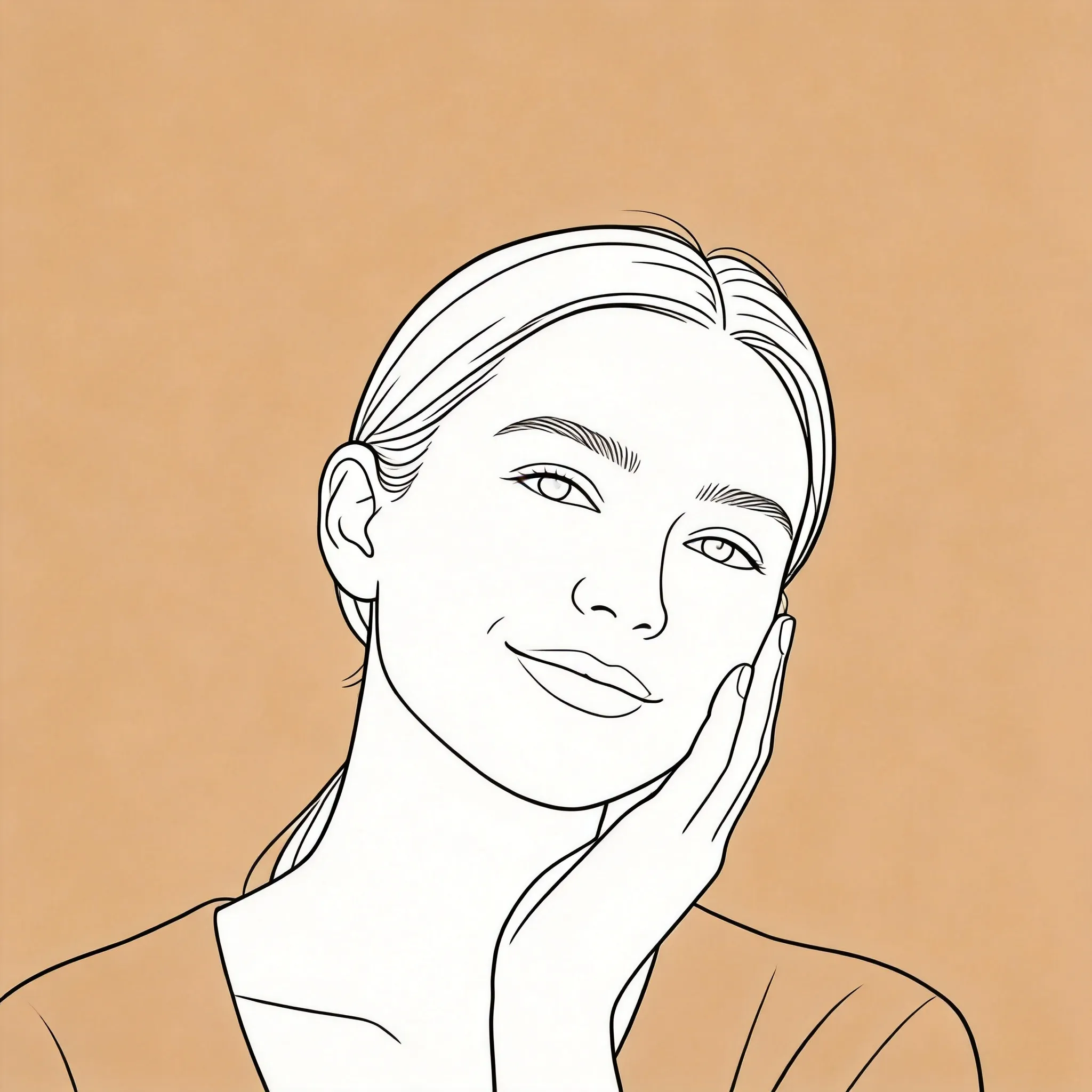 Transform this portrait into a highly refined, minimalist line art print. Use only a few necessary, elegant, and clean contours to capture the essential spirit, posture, and facial identity of the source subject. The composition must be extremely restrained, with abundant negative space and precise shape cues. Do not use realistic shading or detailed features; rely solely on line weight and controlled curves to convey emotion and character. The overall aesthetic must be quiet, sophisticated, and emotionally intelligent, appearing as a high-end art print derived from the subject's abstract essence.