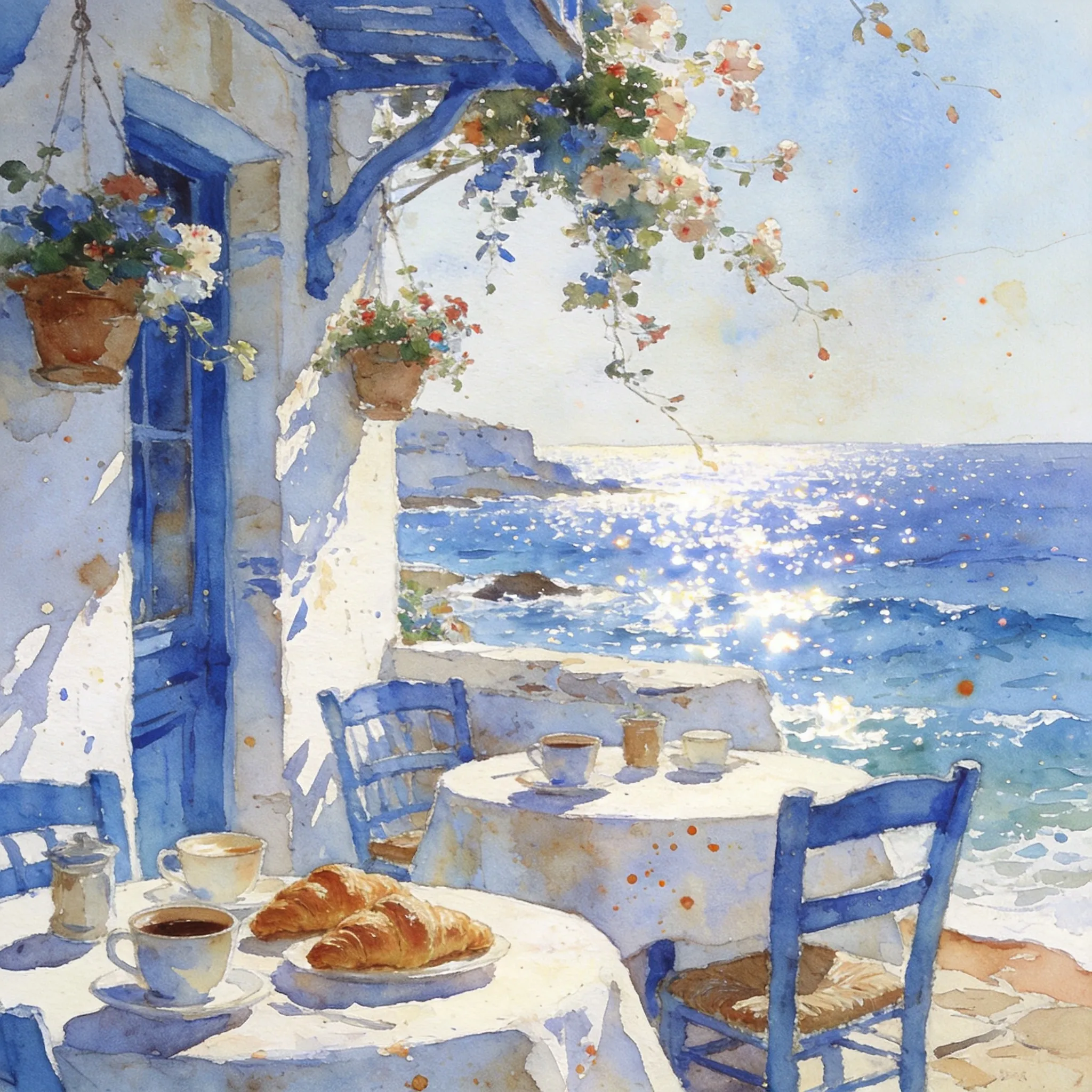A vintage seaside cafe overlooking sparkling Mediterranean waves, watercolor painting style, sun-bleached blue and white architecture, hanging flower baskets swaying gently in the breeze, scattered coffee cups and fresh croissants on outdoor tables, loose watercolor edges, soft flowing pigments, warm coastal sunlight, textured watercolor paper, delicate brush splashes, pastel Mediterranean palette, artistic hand-painted atmosphere, relaxed European vacation mood, elegant watercolor illustration