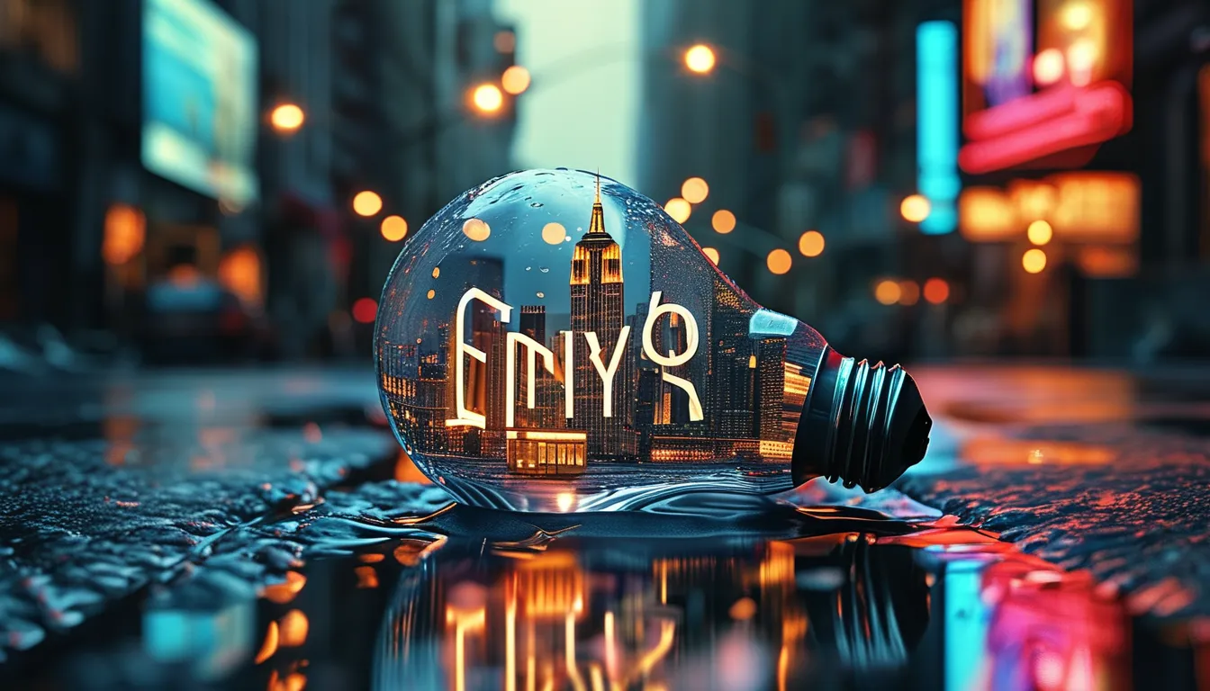 Create a hyper-realistic, stylish poster featuring a light bulb lying on wet urban asphalt. Inside the bulb, place a miniature version of [New York] with its iconic landmarks. A sleek white 3D text of the city name ‘[New York]’ should stand prominently in front of the bulb. The background is a softly blurred cityscape with neon lights reflecting on the bulb’s glass and the wet pavement. Add volumetric moonlight for depth and atmosphere. The image should look like a high-quality DSLR photograph with sharp details, cinematic lighting, and a moody, futuristic vibe.