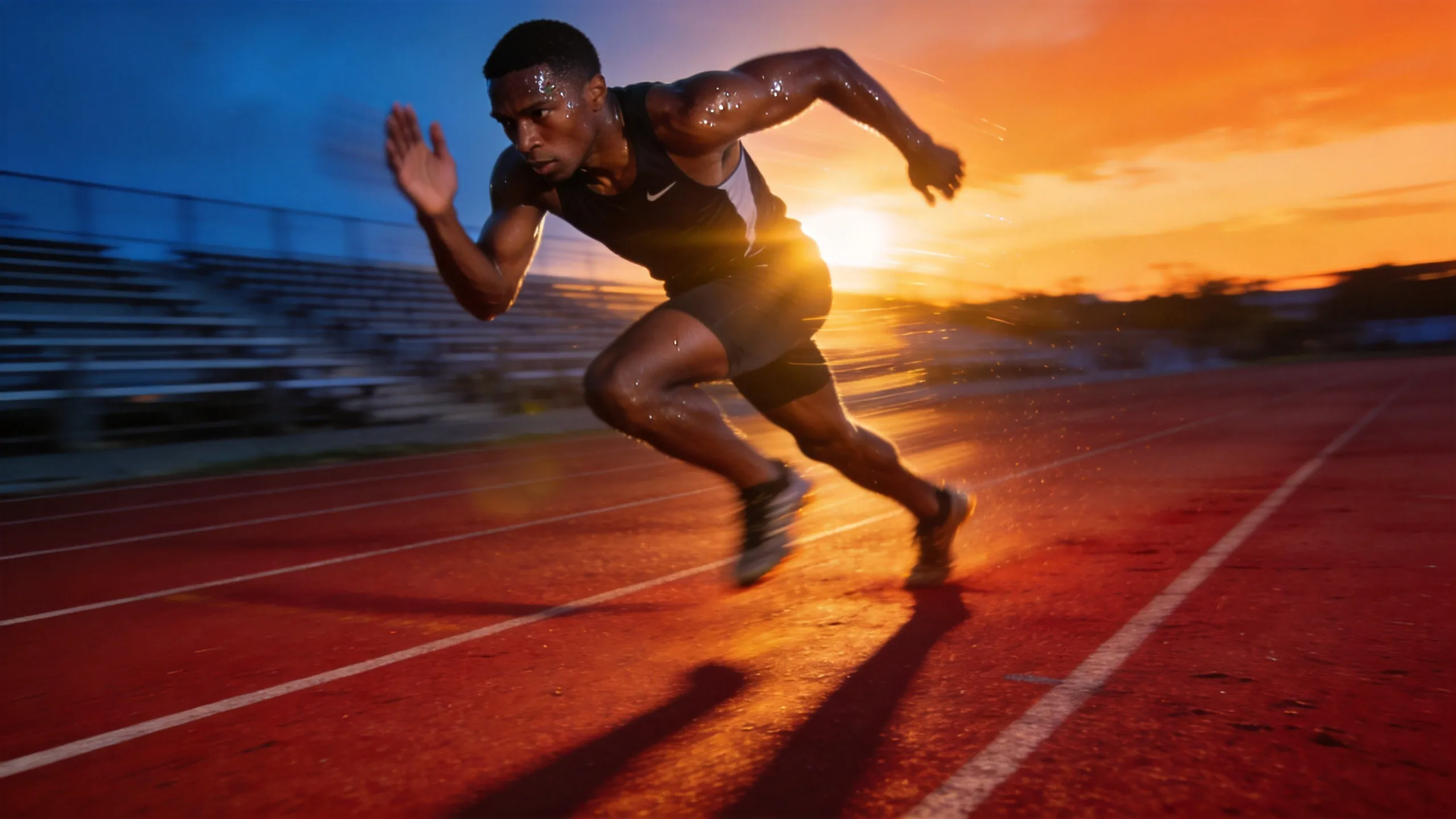 photorealistic photo of a runner sprinting on a track, dynamic motion captured mid-step, sports photography, motion blur, sunset lighting, 70mm lens