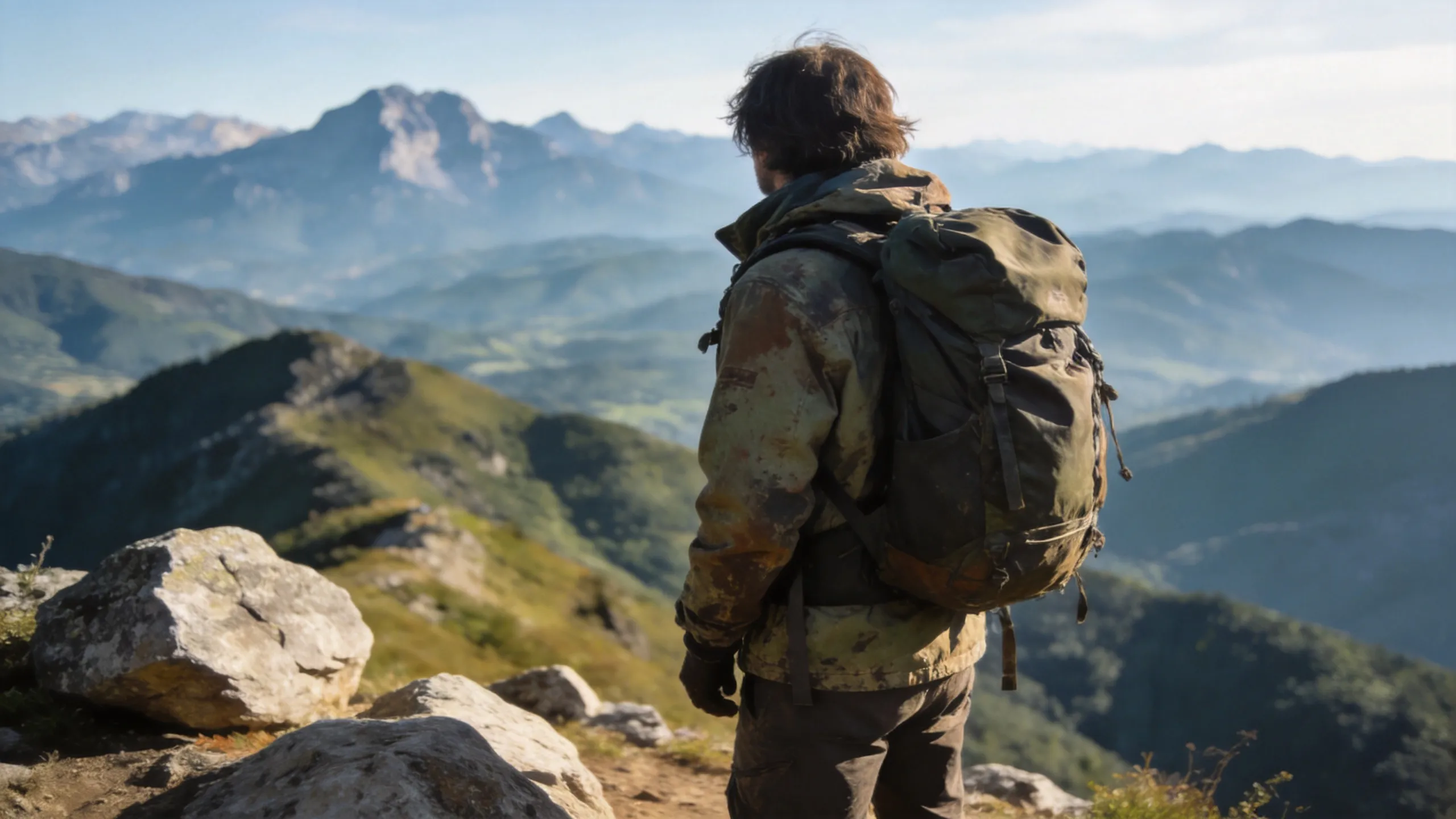 realistic travel photo of a backpacker standing on a mountain viewpoint, vast landscape behind, natural sunlight, documentary photography style