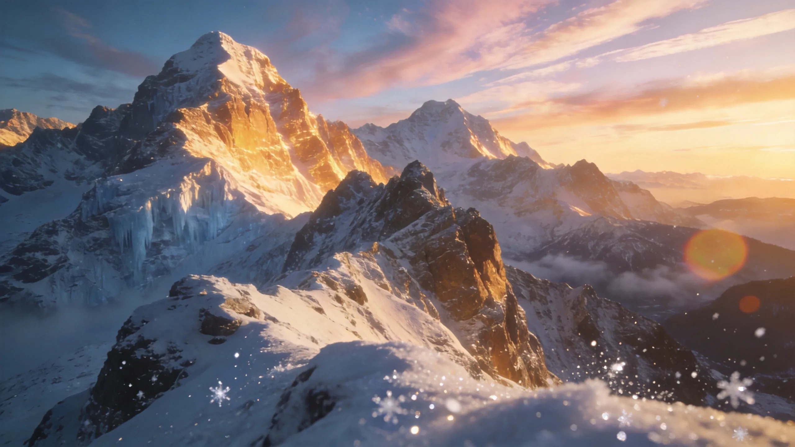 photorealistic landscape photo of a majestic mountain range at sunrise, golden sunlight illuminating snowy peaks, soft clouds in the sky, dramatic wide-angle view, DSLR photography, ultra realistic, 24mm lens