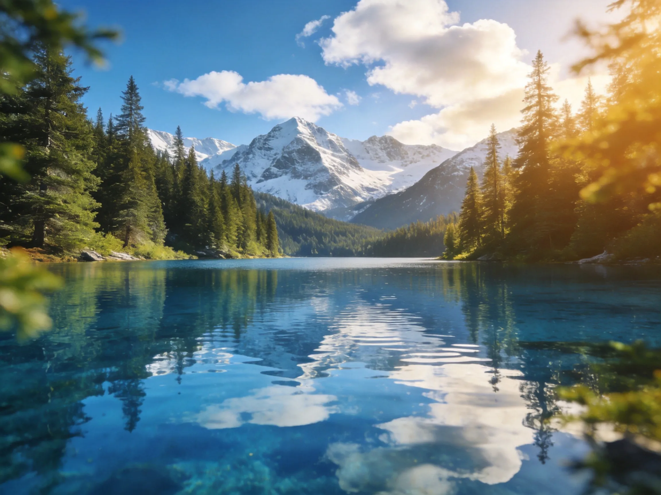 photorealistic mountain lake with crystal clear water reflecting surrounding pine trees and snow mountains, calm water surface, blue sky with clouds, ultra detailed landscape photography